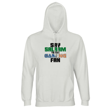Say Salaam to the Gaming Fan Original Part-Recycled Cotton-Poly Hoodie – White / Platinum featuring multicolour bold gaming-style lettering with ‘Salaam’ in green and retro-inspired ‘GAMING’ font. A modest graphic pullover hoodie for Muslim fans of Pokémon, Minecraft, GTA, Sonic, FNAF and COD. Designed for streamers, Discord hangouts or anyone asking: is gaming haram? Sustainable streetwear for all genders – soft, faith-rooted, and ready to press start on halal fun.