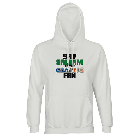 Say Salaam to the Gaming Fan Original Part-Recycled Cotton-Poly Hoodie – White / Platinum featuring multicolour bold gaming-style lettering with ‘Salaam’ in green and retro-inspired ‘GAMING’ font. A modest graphic pullover hoodie for Muslim fans of Pokémon, Minecraft, GTA, Sonic, FNAF and COD. Designed for streamers, Discord hangouts or anyone asking: is gaming haram? Sustainable streetwear for all genders – soft, faith-rooted, and ready to press start on halal fun.