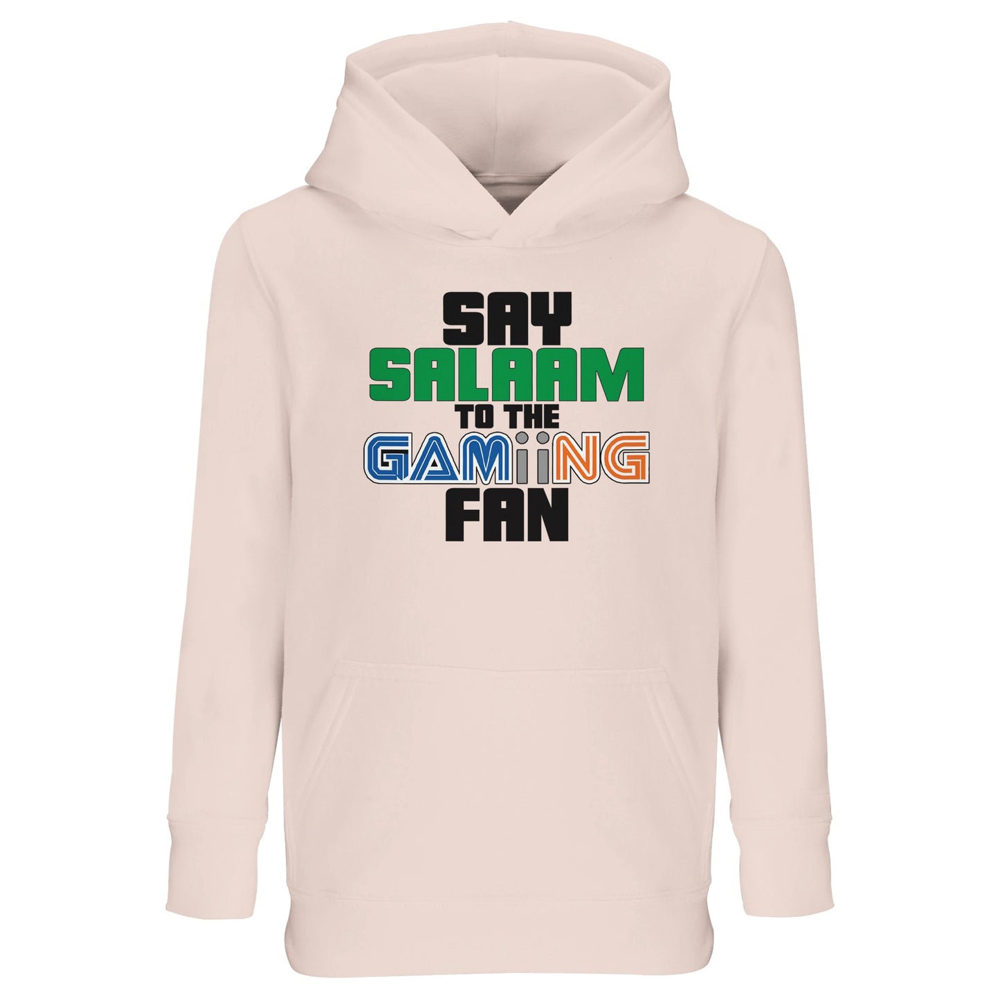 Say Salaam to the Gaming Fan Original Part-Recycled Cotton-Poly Kids Hoodie – Creamy Pink / Oyster Pink with soft retro-styled gaming text in multicolour, featuring a green ‘Salaam’ above. A pastel pullover with hood for modest Muslim gamers into Pokémon, Roblox, Sonic, or Minecraft. Designed for girls, boys, or unisex youngsters who stream, mod or dream up new worlds between suhoor and story mode. Soft, sustainable and full of halal fun – this is the jumper to wear and press start on playtime with purpose.