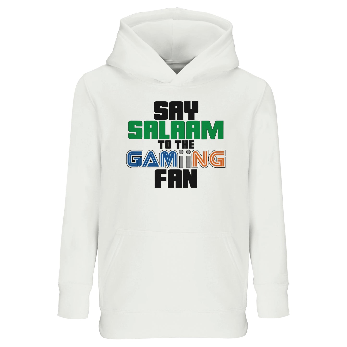 Say Salaam to the Gaming Fan Original Part-Recycled Cotton-Poly Kids Hoodie – White / Platinum featuring bold retro-style multicolour text with ‘Salaam’ in green and pixel-themed ‘GAMING’ lettering. A modest, soft hooded top for Muslim boys, girls, and unisex kiddies into Minecraft, Pokémon or Roblox. For those who pray between play of kids games online, livestream after school, or chat on Discord. Cosy, streetwear-style pullover built for halal fun and gaming gear that says it all before the start screen.