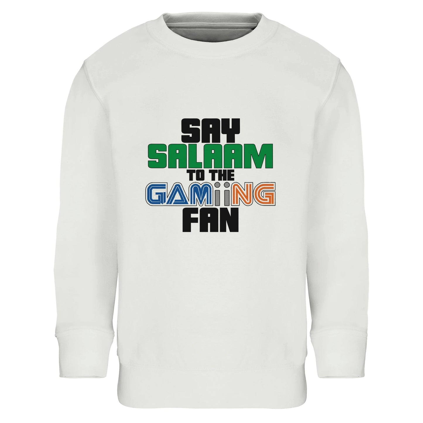 Say Salaam to the Gaming Fan Original Part-Recycled Cotton-Poly Kids Sweatshirt – White / Platinum with bold retro-style multicolour lettering and a green ‘Salaam’ above ‘GAMING’ in pixel font. A stylish, modest, soft jumper for Muslim children into Roblox, Sonic, Minecraft, FIFA, EAFC, FNAF or Pokémon. For boys, girls and unisex players who game after homework, stream Twitch or watch walkthroughs between prayers. Sustainable, non-zipped and made to level up streetwear with halal flair and everyday comfort.