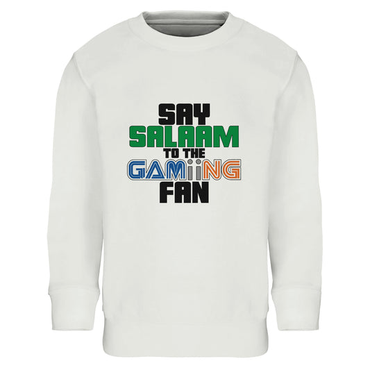 Say Salaam to the Gaming Fan Original Part-Recycled Cotton-Poly Kids Sweatshirt – White / Platinum with bold retro-style multicolour lettering and a green ‘Salaam’ above ‘GAMING’ in pixel font. A stylish, modest, soft jumper for Muslim children into Roblox, Sonic, Minecraft, FIFA, EAFC, FNAF or Pokémon. For boys, girls and unisex players who game after homework, stream Twitch or watch walkthroughs between prayers. Sustainable, non-zipped and made to level up streetwear with halal flair and everyday comfort.