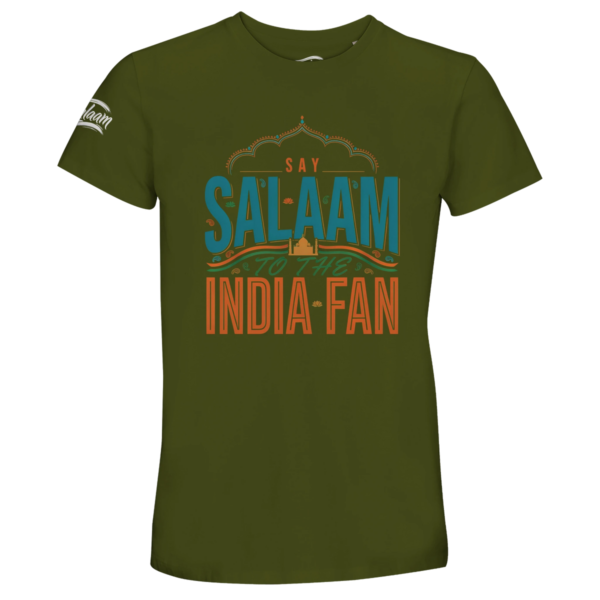 Say Salaam to the India Fan Design #1 Recycled Unisex Cotton T-shirt – Army. A Say Salaam graphic T-shirt for India fans in Army. The supporter slogan makes a casual alternative to conventional club merchandise for everyday wear, matchday viewing and gifts.