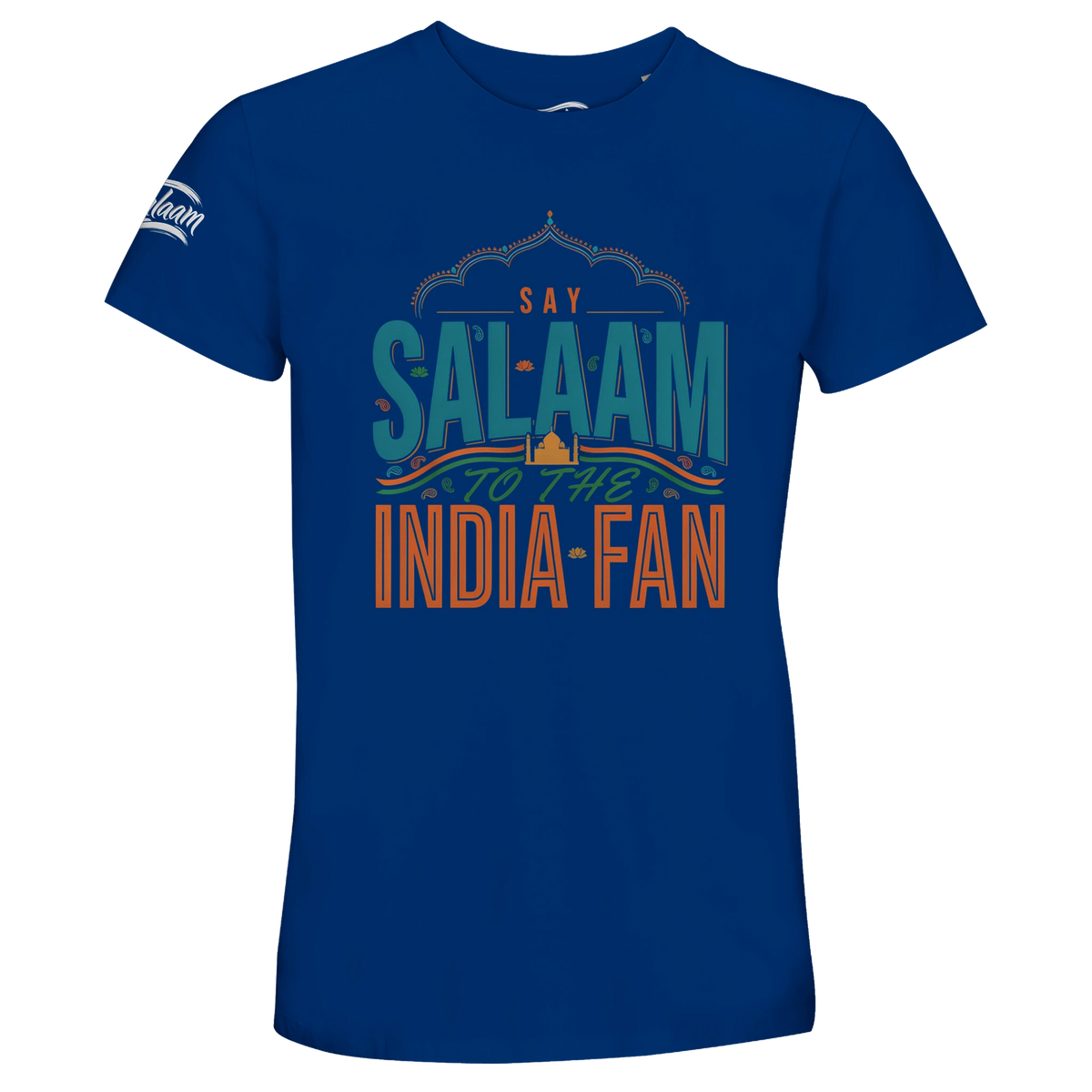 Say Salaam to the India Fan Design #1 Recycled Unisex Cotton T-shirt – Royal Blue. A Say Salaam graphic T-shirt for India fans in Royal Blue. The supporter slogan makes a casual alternative to conventional club merchandise for everyday wear, matchday viewing and gifts.