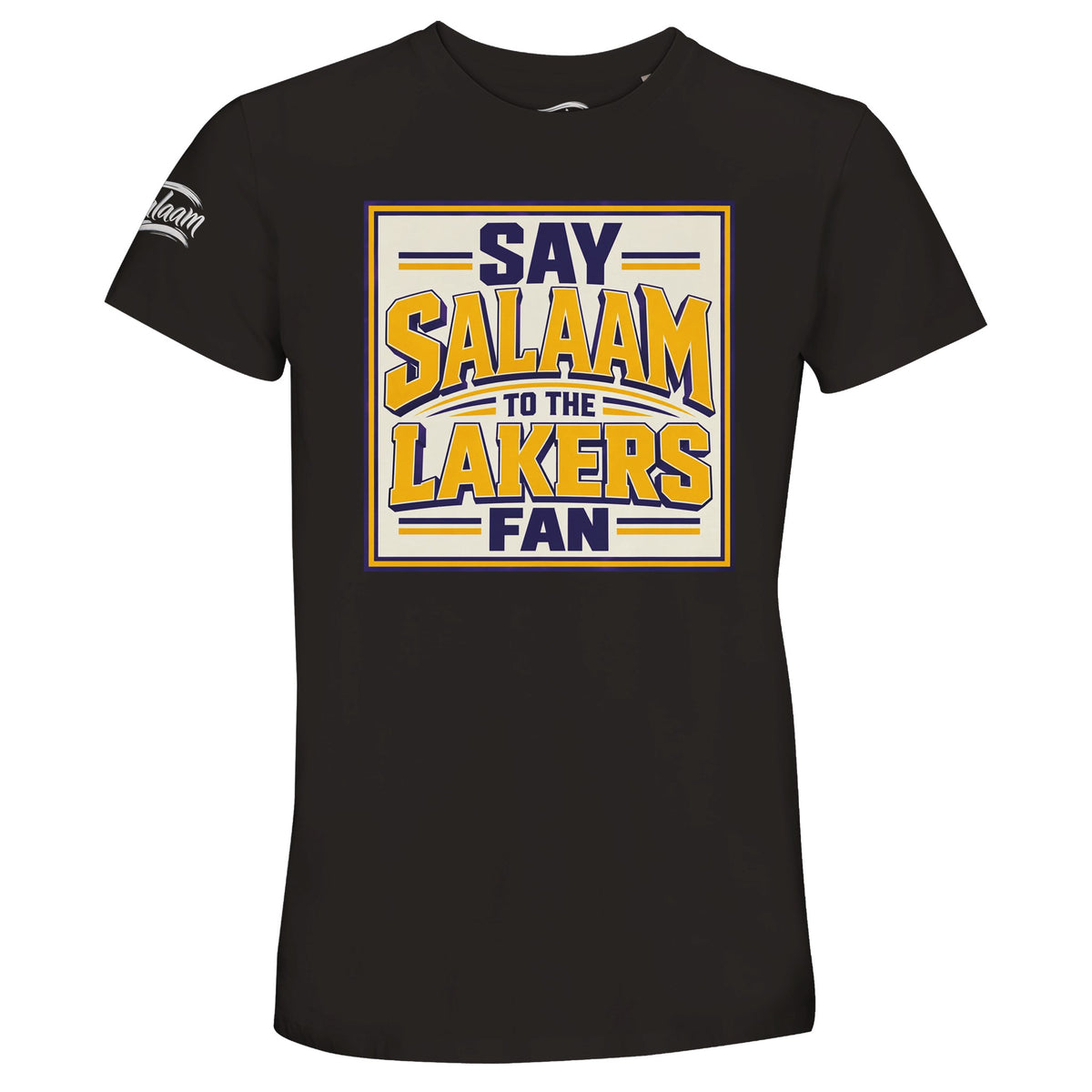 Say Salaam to the Lakers Fan, Design #5, on a Deep Black 50% recycled unisex cotton T-shirt. The Deep Black colour is also known as jet black, charcoal and Zeus black. Front-view mock-up showing the Say Salaam graphic printed on a short-sleeved crew-neck tee. For Los Angeles Lakers and NBA fans. Casual graphic clothing for men and women, suitable for matchdays, weekends, modest streetwear and gifts. This photograph shows the Deep Black garment and its front design.
