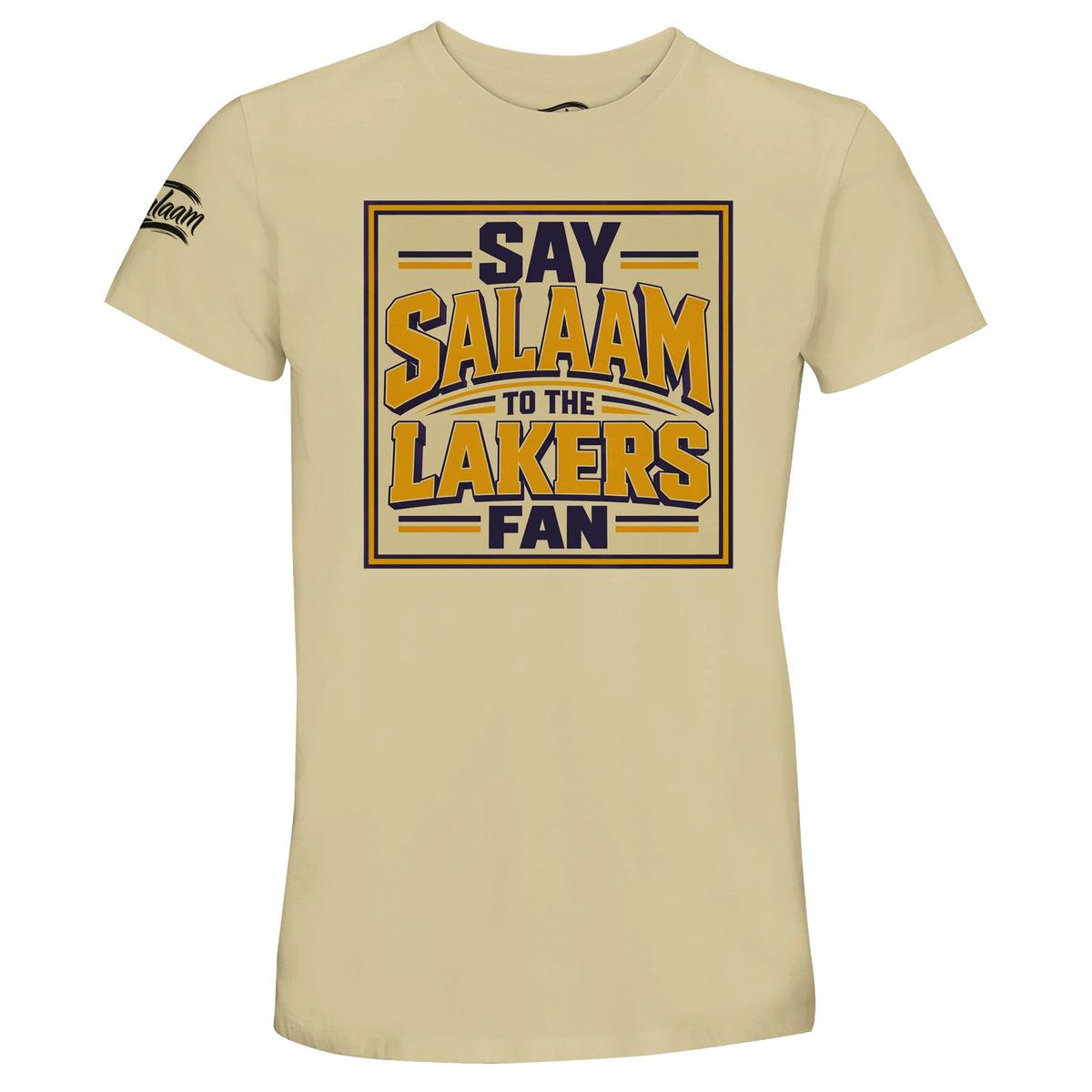 Say Salaam to the Lakers Fan, Design #5, on a Natural 50% recycled unisex cotton T-shirt. The Natural colour is also known as warm beige, off-white, oatmeal and satin linen. Front-view mock-up showing the Say Salaam graphic printed on a short-sleeved crew-neck tee. For Los Angeles Lakers and NBA fans. Casual graphic clothing for men and women, suitable for matchdays, weekends, modest streetwear and gifts. This photograph shows the Natural garment and its front design.