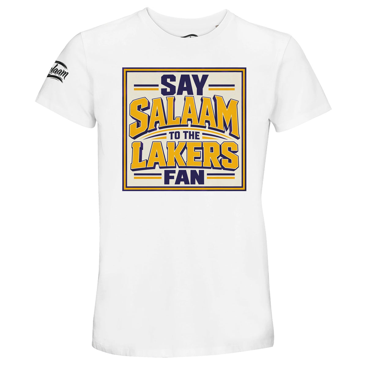 Say Salaam to the Lakers Fan, Design #5, on a White 50% recycled unisex cotton T-shirt. The White colour is also known as platinum white and bright neutral white. Front-view mock-up showing the Say Salaam graphic printed on a short-sleeved crew-neck tee. For Los Angeles Lakers and NBA fans. Casual graphic clothing for men and women, suitable for matchdays, weekends, modest streetwear and gifts. This photograph shows the White garment and its front design.