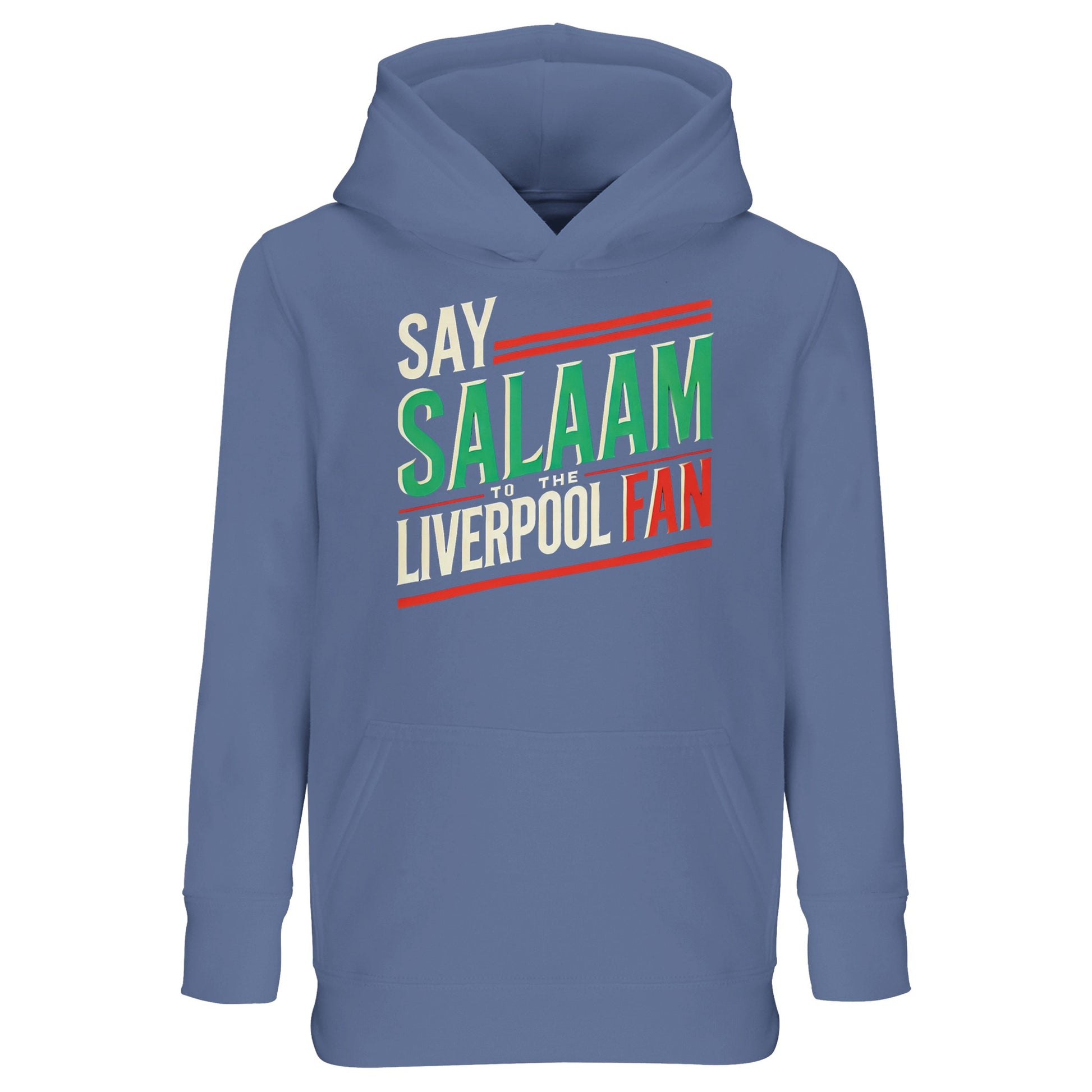 Say Salaam to the Liverpool Fan Design #1 Part-Recycled Cotton-Poly Kids Hoodie – Blue / Marble Blue featuring vintage green, red, and cream text celebrating faith and football pride. Crafted from brushed fleece cotton-poly for a soft feel, this hoodie offers durability, comfort, and style for modest young fans. Ideal for school days, Salah time, or matchday excitement, it brings together community, culture, and the Liverpool roar in every stitch.
