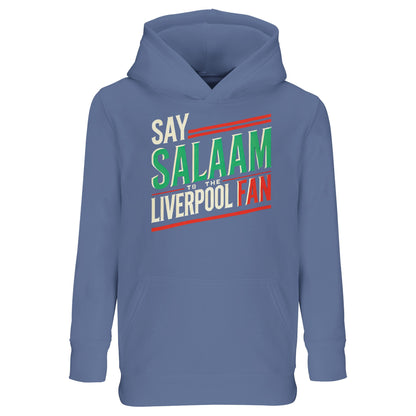 Say Salaam to the Liverpool Fan Design #1 Part-Recycled Cotton-Poly Kids Hoodie – Blue / Marble Blue featuring vintage green, red, and cream text celebrating faith and football pride. Crafted from brushed fleece cotton-poly for a soft feel, this hoodie offers durability, comfort, and style for modest young fans. Ideal for school days, Salah time, or matchday excitement, it brings together community, culture, and the Liverpool roar in every stitch.