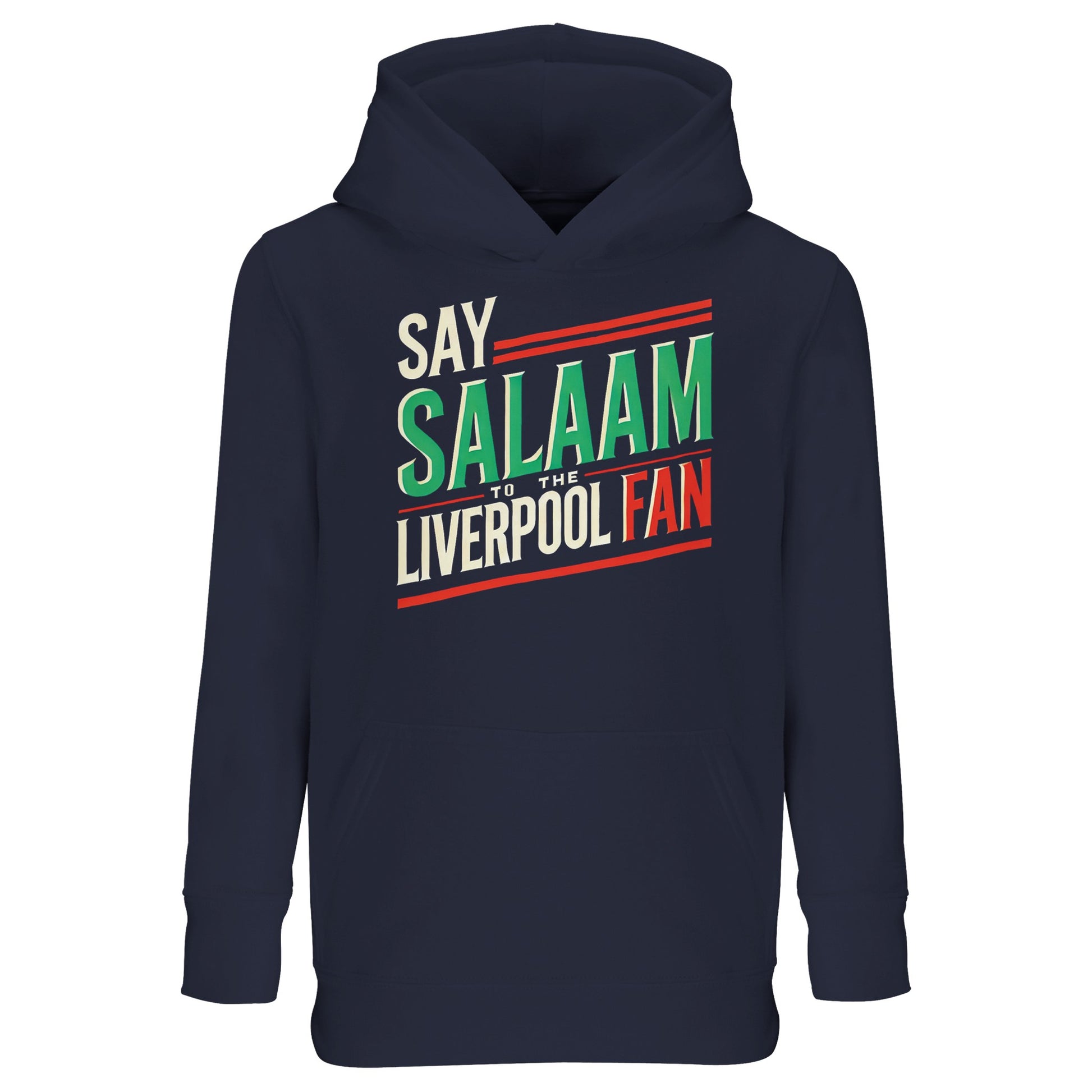 Say Salaam to the Liverpool Fan Design #1 Part-Recycled Cotton-Poly Kids Hoodie – French Navy / Ebony Clay featuring green, red, and cream lettering with a clean, retro edge. The deep tone reflects focus and pride, echoing the connection between faith and football. Made from 80% cotton and 20% recycled polyester, this soft hoodie keeps young Liverpool fans warm and modest — perfect for prayer breaks, playgrounds, or family match nights.