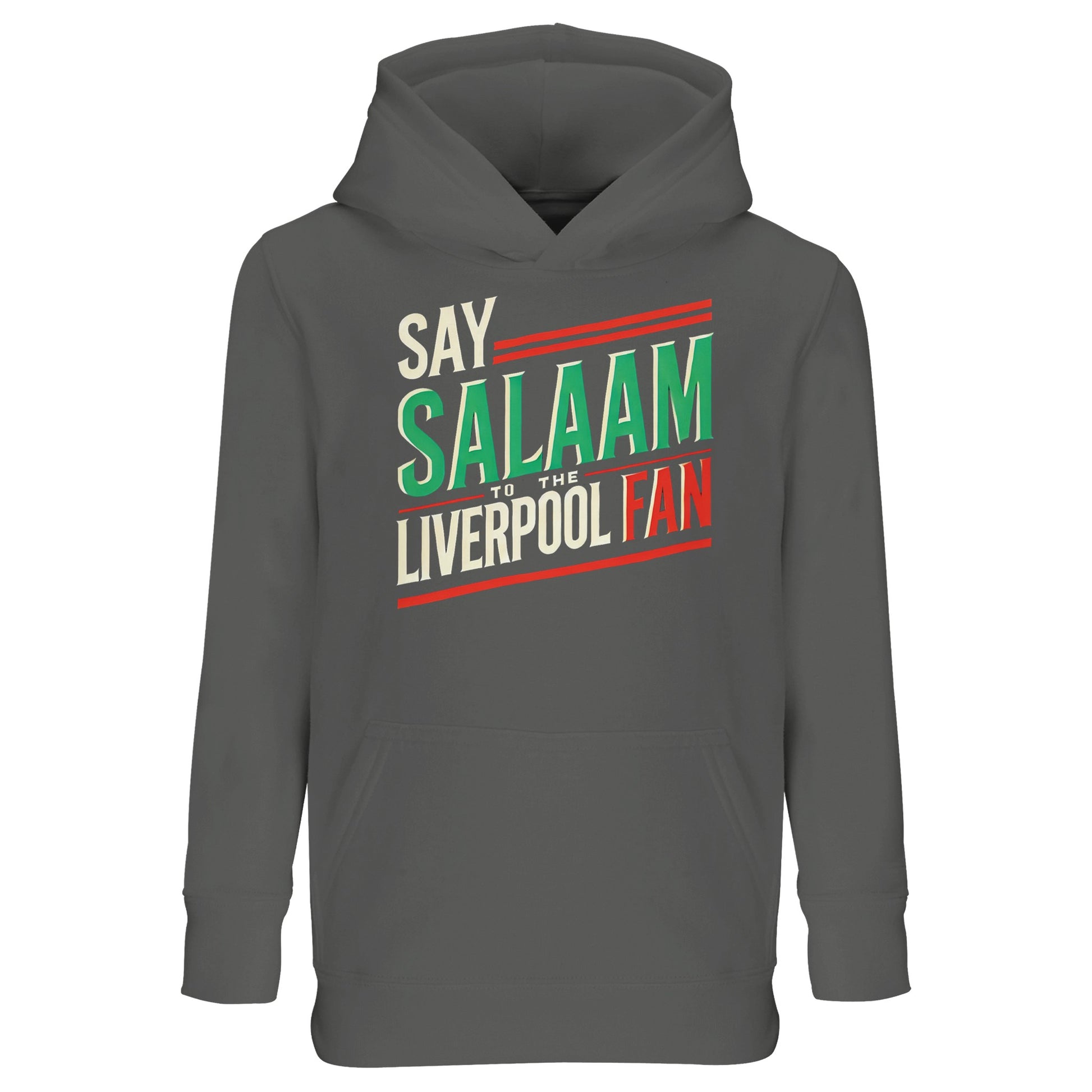 Say Salaam to the Liverpool Fan Design #1 Part-Recycled Cotton-Poly Kids Hoodie – Grey Melange / Classic Athletic Grey Blend featuring standout green, red, and cream type that reimagines the club chant through a peaceful lens. The neutral base makes it versatile and easy to style. Made from an eco-friendly brushed fleece blend, it’s ideal for modest, football-loving kids who balance faith, fandom, and fun — from early prayers to evening kick-offs.