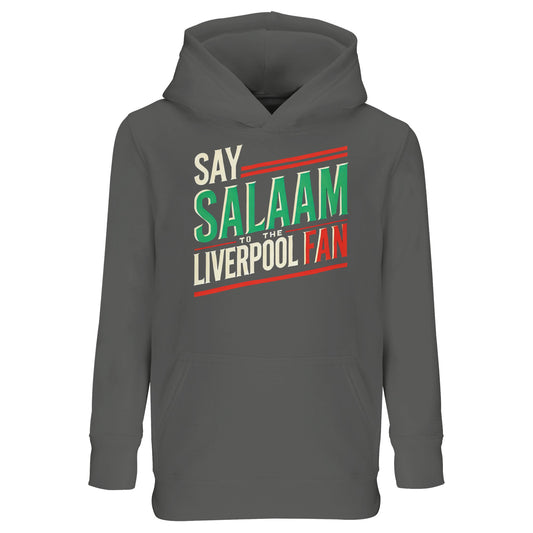 Say Salaam to the Liverpool Fan Design #1 Part-Recycled Cotton-Poly Kids Hoodie – Grey Melange / Classic Athletic Grey Blend featuring standout green, red, and cream type that reimagines the club chant through a peaceful lens. The neutral base makes it versatile and easy to style. Made from an eco-friendly brushed fleece blend, it’s ideal for modest, football-loving kids who balance faith, fandom, and fun — from early prayers to evening kick-offs.