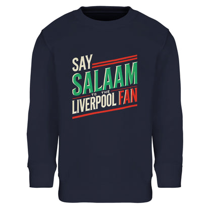 Say Salaam to the Liverpool Fan Design #1 Part-Recycled Cotton-Poly Kids Sweatshirt – French Navy / Ebony Clay featuring vintage block text in green, cream, and red celebrating the Liverpool spirit with Salaam’s message of peace. Made from 80% cotton and 20% recycled polyester with a soft fleece lining, it offers warmth and modest comfort. A sustainable, faith-friendly jumper that suits every young Liverpool fan — worn for games, study sessions, or casual everyday adventures.