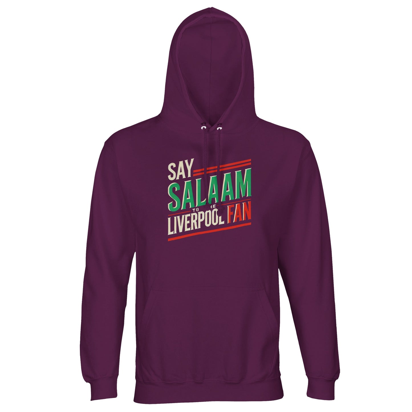 Say Salaam to the Liverpool Fan Design #1 Part-Recycled Unisex Cotton-Poly Hoodie – Astral Purple / Wine Berry featuring a rich purple backdrop for cream, green, and red text inspired by Liverpool passion and peaceful intent. The brushed fleece hoodie offers softness, durability, and modest warmth, crafted from an 80/20 cotton-poly blend. A perfect blend of faith, fandom, and flair — bold enough for Anfield, humble enough for everyday wear.