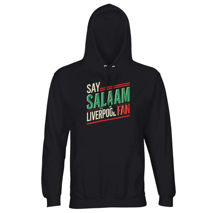 Say Salaam to the Liverpool Fan Design #1 Part-Recycled Unisex Cotton-Poly Hoodie – Black / Deep Black featuring striking green, cream, and red retro-style lettering spelling ‘Say Salaam to the Liverpool Fan’. The design merges Liverpool pride with cultural peace, printed on soft brushed fleece. Made from 80% cotton and 20% recycled polyester, this GRS-certified hoodie keeps fans warm through late-night fixtures, travel, or prayer breaks — faith, fashion, and fandom stitched into one.