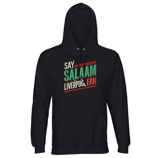 Say Salaam to the Liverpool Fan Design #1 Part-Recycled Unisex Cotton-Poly Hoodie – Black / Deep Black featuring striking green, cream, and red retro-style lettering spelling ‘Say Salaam to the Liverpool Fan’. The design merges Liverpool pride with cultural peace, printed on soft brushed fleece. Made from 80% cotton and 20% recycled polyester, this GRS-certified hoodie keeps fans warm through late-night fixtures, travel, or prayer breaks — faith, fashion, and fandom stitched into one.