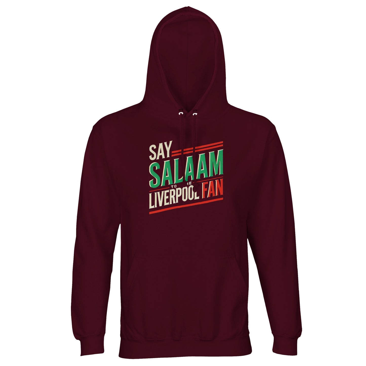 Say Salaam to the Liverpool Fan Design #1 Part-Recycled Unisex Cotton-Poly Hoodie – Burgundy / Dark Sienna featuring cream, red, and green block text with vintage flair. The deep tone complements the design’s timeless blend of culture and club pride. Made from an 80/20 cotton-poly mix with a brushed fleece interior, this GRS-certified hoodie celebrates sustainability and solidarity — ideal for Liverpool fans expressing faith and flair on and off the pitch.