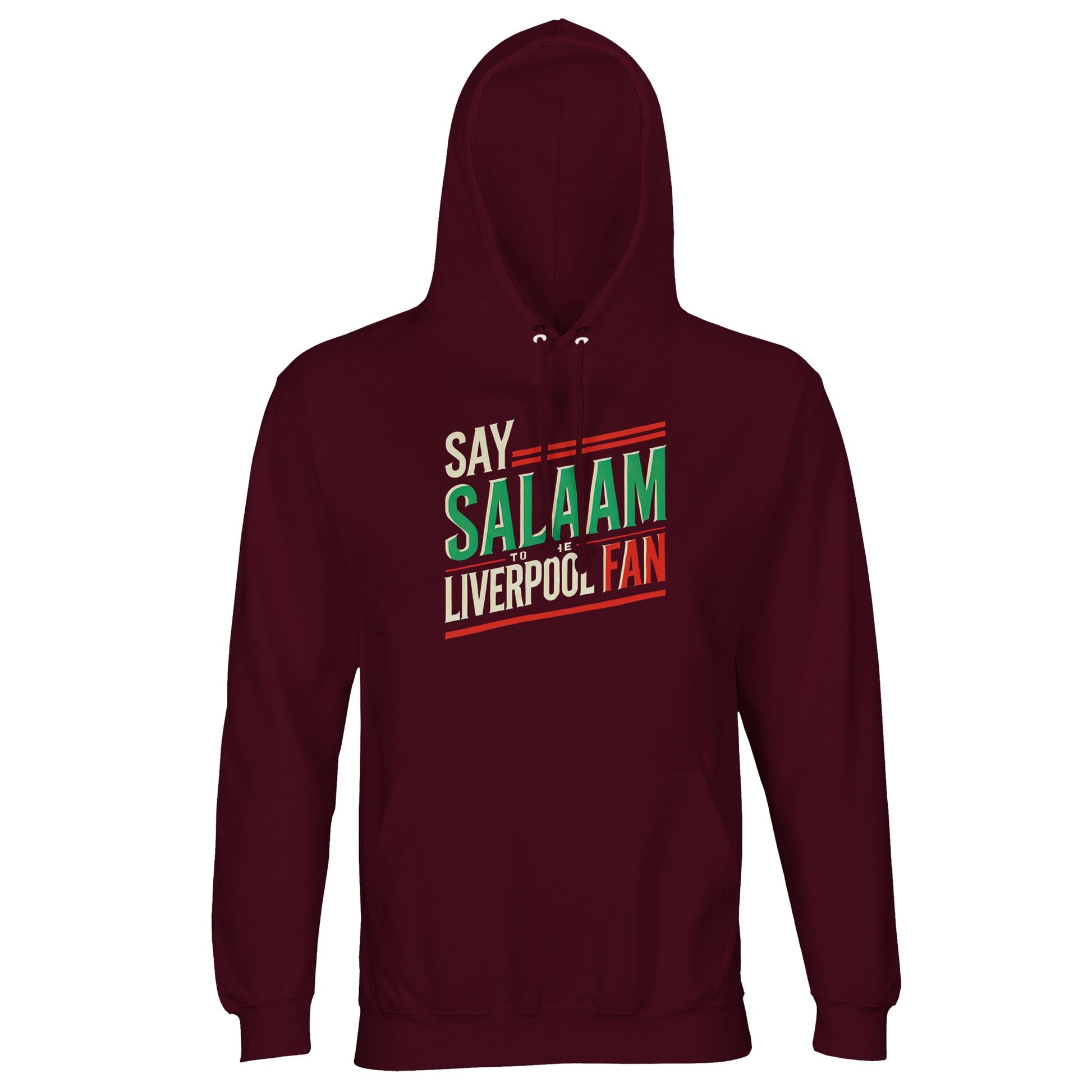 Say Salaam to the Liverpool Fan Design #1 Part-Recycled Unisex Cotton-Poly Hoodie – Burgundy / Dark Sienna featuring cream, red, and green block text with vintage flair. The deep tone complements the design’s timeless blend of culture and club pride. Made from an 80/20 cotton-poly mix with a brushed fleece interior, this GRS-certified hoodie celebrates sustainability and solidarity — ideal for Liverpool fans expressing faith and flair on and off the pitch.