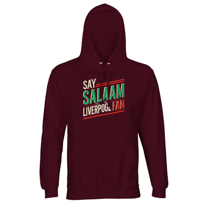 Say Salaam to the Liverpool Fan Design #1 Part-Recycled Unisex Cotton-Poly Hoodie – Burgundy / Dark Sienna featuring cream, red, and green block text with vintage flair. The deep tone complements the design’s timeless blend of culture and club pride. Made from an 80/20 cotton-poly mix with a brushed fleece interior, this GRS-certified hoodie celebrates sustainability and solidarity — ideal for Liverpool fans expressing faith and flair on and off the pitch.