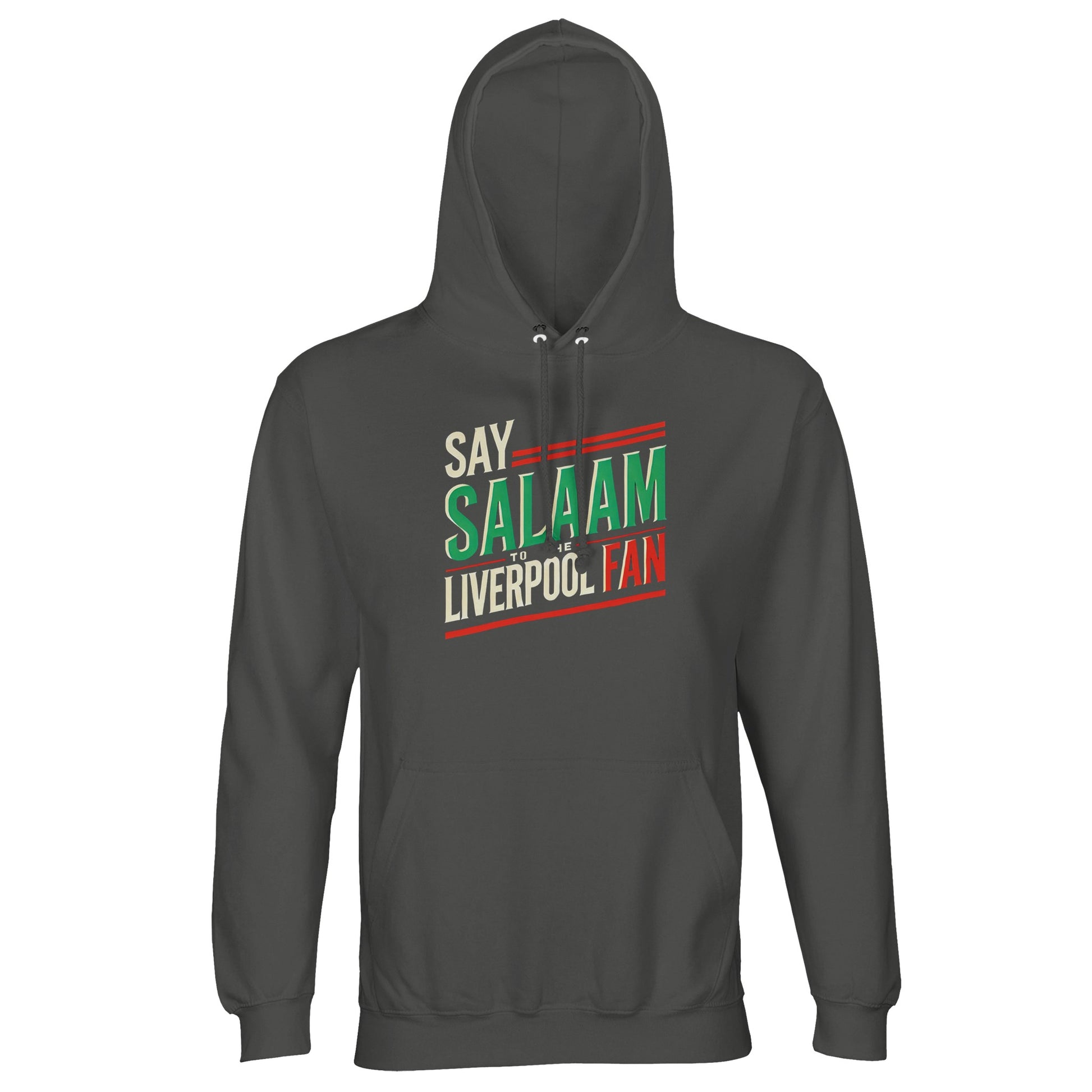 Say Salaam to the Liverpool Fan Design #1 Part-Recycled Unisex Cotton-Poly Hoodie – Charcoal Melange / Black Cow featuring classic lettering in red, green, and cream over a dark textured base. The neutral tone makes this hoodie both stylish and versatile, symbolising balance between team spirit and serenity. Made from brushed fleece cotton-poly for warmth and sustainability, it’s an everyday essential for the modern Liverpool fan who carries their Salaam proudly.