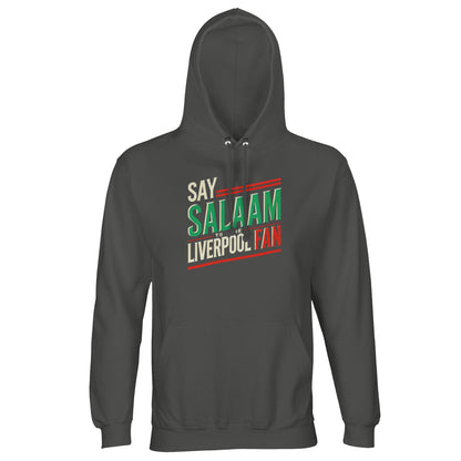 Say Salaam to the Liverpool Fan Design #1 Part-Recycled Unisex Cotton-Poly Hoodie – Charcoal Melange / Black Cow featuring classic lettering in red, green, and cream over a dark textured base. The neutral tone makes this hoodie both stylish and versatile, symbolising balance between team spirit and serenity. Made from brushed fleece cotton-poly for warmth and sustainability, it’s an everyday essential for the modern Liverpool fan who carries their Salaam proudly.