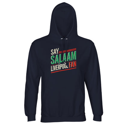 Say Salaam to the Liverpool Fan Design #1 Part-Recycled Unisex Cotton-Poly Hoodie – French Navy / Ebony Clay featuring bold retro lettering in red, green, and cream that proudly reads ‘Say Salaam to the Liverpool Fan’. The deep navy base highlights heritage and humility, made from sustainable brushed fleece for long-lasting comfort. Perfect for modest fans and collectors of Liverpool culture — a hoodie made to cheer, reflect, and connect.