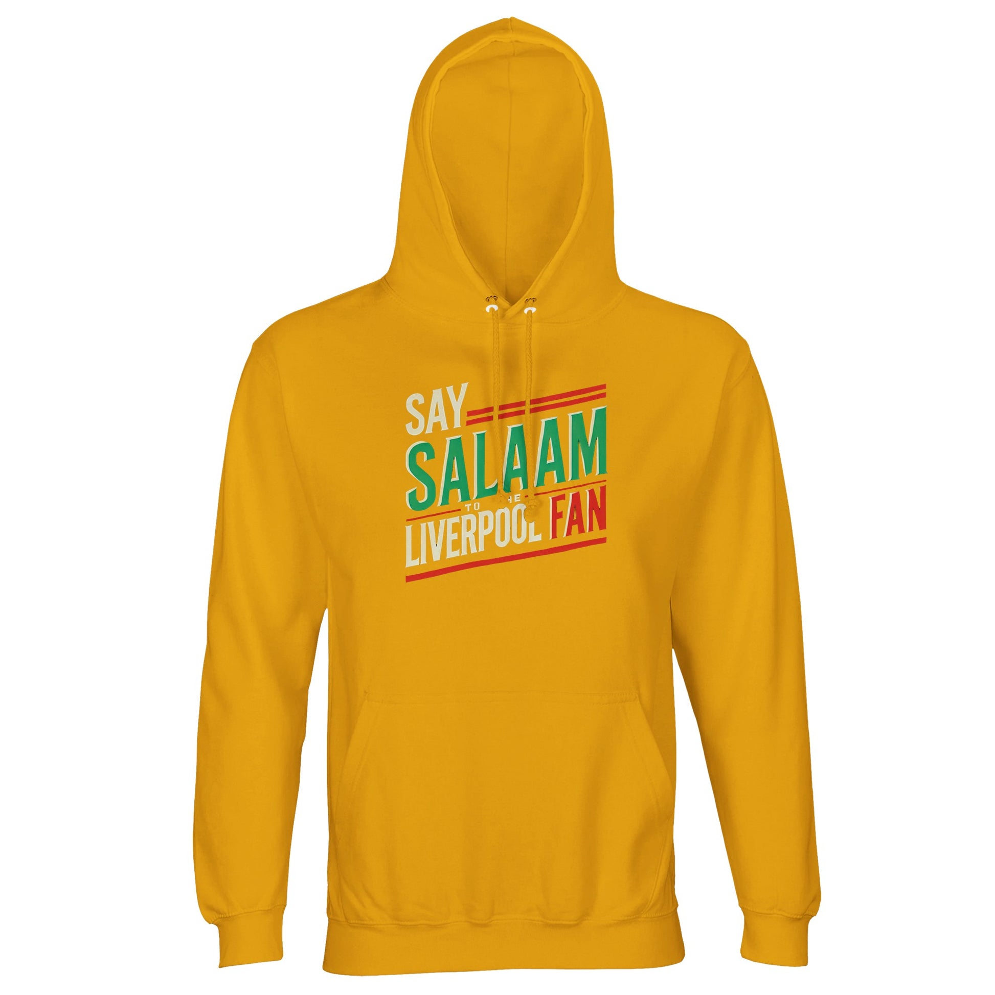 Say Salaam to the Liverpool Fan Design #1 Part-Recycled Unisex Cotton-Poly Hoodie – Gold / Gamboge featuring bold green, red, and cream lettering that radiates warmth and optimism. The colour mirrors Anfield’s golden glow, blending style with soul. Made from an 80% cotton, 20% recycled polyester fleece, it’s perfect for eco-conscious fans who express devotion and Mo Salah joy with every Salaam — from terraces to tea breaks.