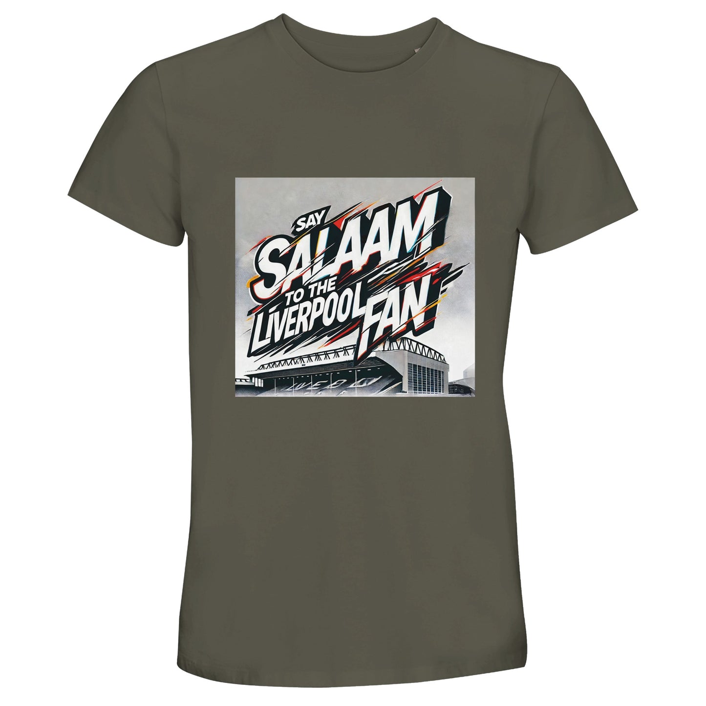Say Salaam to the Liverpool Fan Design #2 50% Recycled Unisex Cotton T-Shirt – Army / Fuscous Grey featuring bold graffiti lettering that reads ‘Say Salaam to the Liverpool Fan’ across an artistic sketch of Anfield Stadium. The deep green-grey hue channels strength and calm, echoing terrace energy with faith-driven humility. Made from mixed cotton, this breathable short-sleeve tee suits modest, sustainable streetwear fans who live their Salaam proudly through Liverpool’s rhythm and roar.