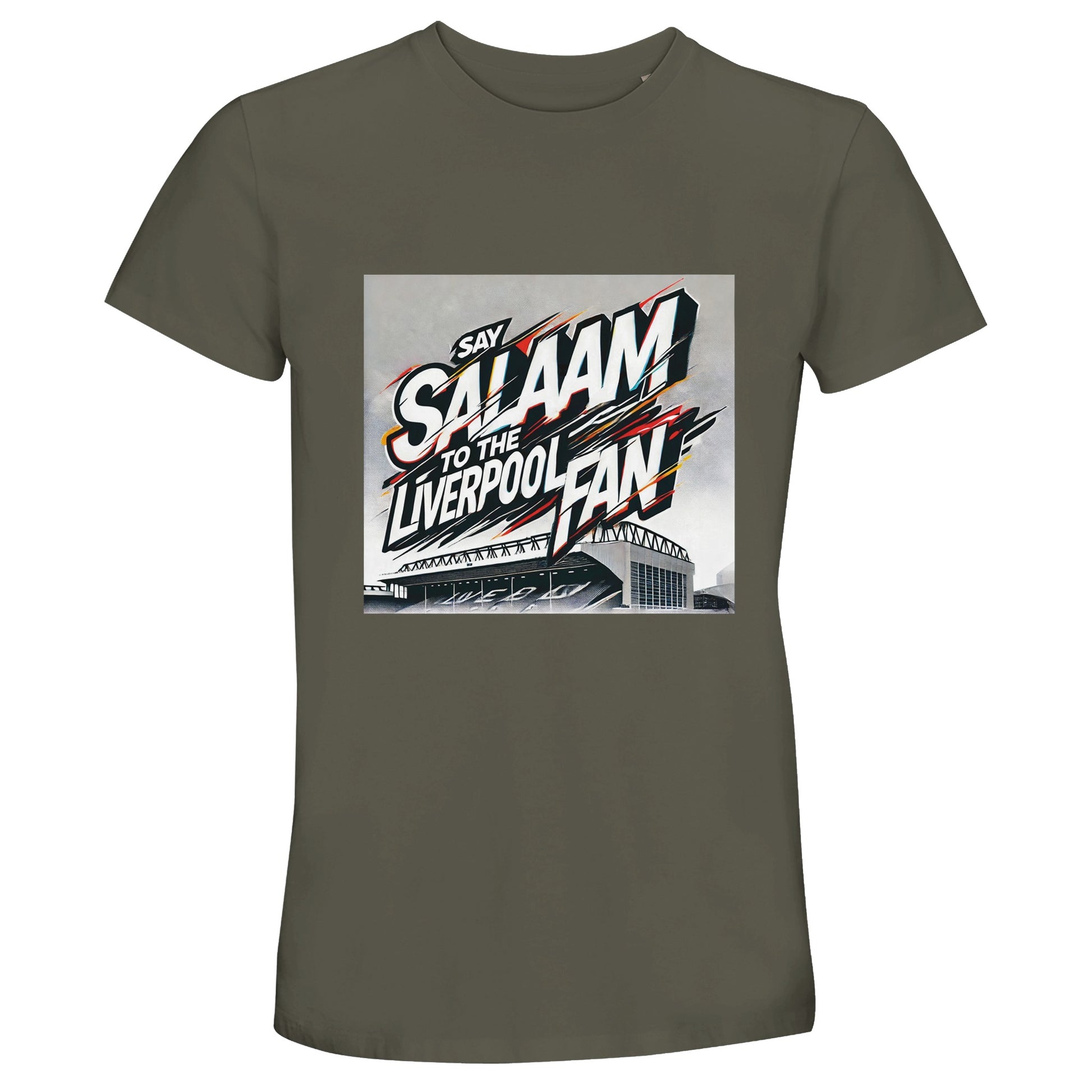 Say Salaam to the Liverpool Fan Design #2 50% Recycled Unisex Cotton T-Shirt – Army / Fuscous Grey featuring bold graffiti lettering that reads ‘Say Salaam to the Liverpool Fan’ across an artistic sketch of Anfield Stadium. The deep green-grey hue channels strength and calm, echoing terrace energy with faith-driven humility. Made from mixed cotton, this breathable short-sleeve tee suits modest, sustainable streetwear fans who live their Salaam proudly through Liverpool’s rhythm and roar.
