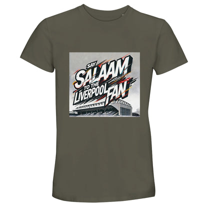 Say Salaam to the Liverpool Fan Design #2 50% Recycled Unisex Cotton T-Shirt – Army / Fuscous Grey featuring bold graffiti lettering that reads ‘Say Salaam to the Liverpool Fan’ across an artistic sketch of Anfield Stadium. The deep green-grey hue channels strength and calm, echoing terrace energy with faith-driven humility. Made from mixed cotton, this breathable short-sleeve tee suits modest, sustainable streetwear fans who live their Salaam proudly through Liverpool’s rhythm and roar.