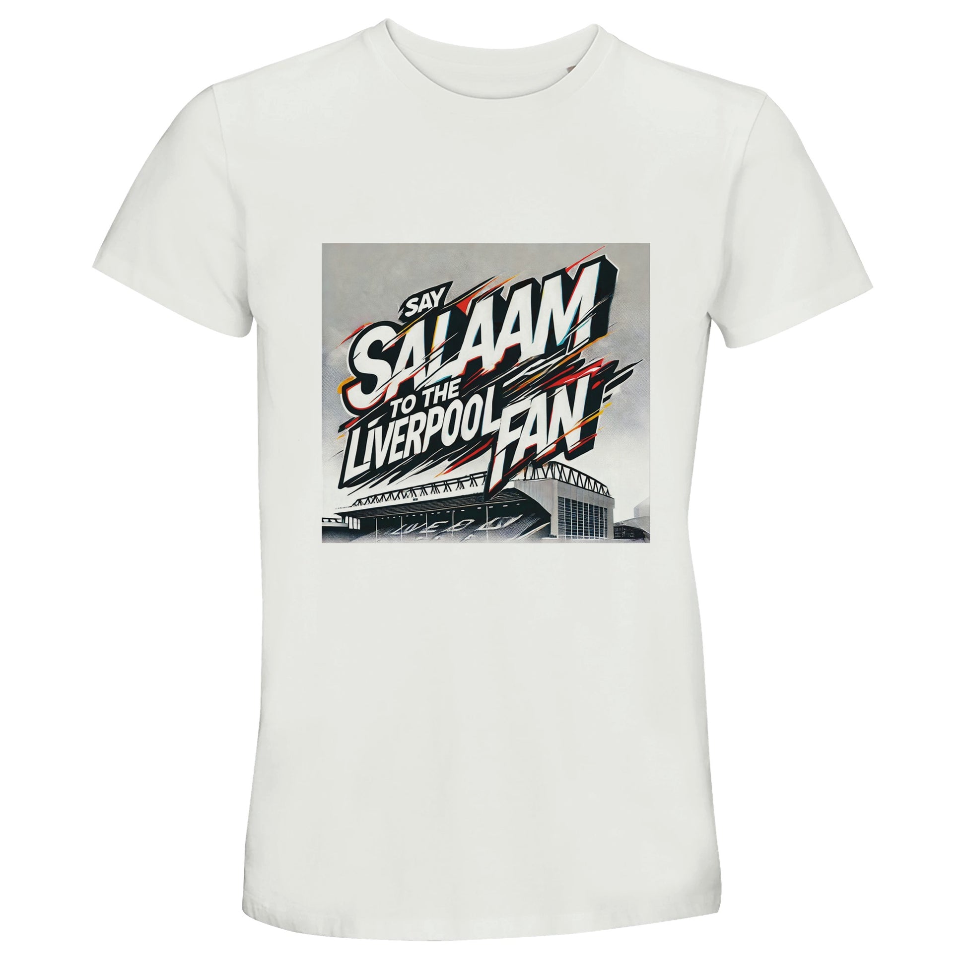 Say Salaam to the Liverpool Fan Design #2 50% Recycled Unisex Cotton T-Shirt – White / Platinum featuring graffiti lettering over a hand-drawn Anfield stadium. Red and gold strokes symbolise the roar of The Kop balanced with Salaam’s serenity. Made from an eco-friendly 50/50 cotton blend, this short-sleeve shirt offers a clean, minimalist look for Liverpool fans who cherish faith and football equally — perfect for cheering, travelling, or casual prayer-day style.