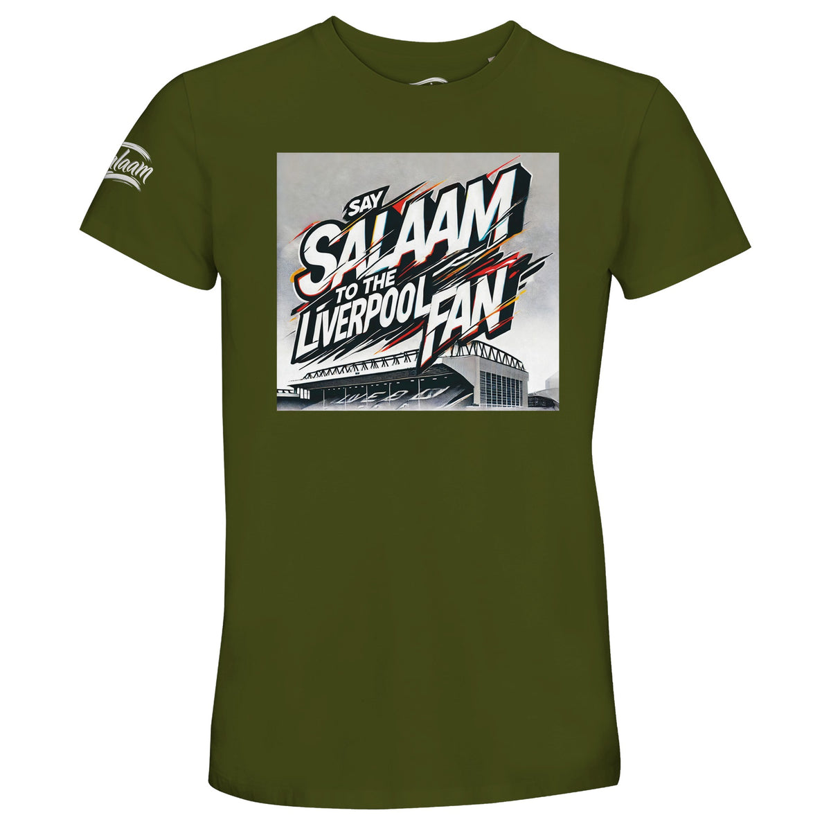Say Salaam to the Liverpool Fan, Design #2, on an Army 50% recycled unisex cotton T-shirt. The Army colour is also known as olive green and earthy fuscous grey. Front-view mock-up showing the Say Salaam graphic printed on a short-sleeved crew-neck tee. For Liverpool FC, Reds and Anfield fans. Casual graphic clothing for men and women, suitable for matchdays, weekends, modest streetwear and gifts. This photograph shows the Army garment and its front design.