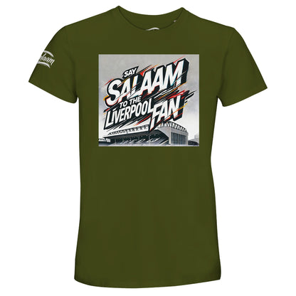 Say Salaam to the Liverpool Fan, Design #2, on an Army 50% recycled unisex cotton T-shirt. The Army colour is also known as olive green and earthy fuscous grey. Front-view mock-up showing the Say Salaam graphic printed on a short-sleeved crew-neck tee. For Liverpool FC, Reds and Anfield fans. Casual graphic clothing for men and women, suitable for matchdays, weekends, modest streetwear and gifts. This photograph shows the Army garment and its front design.