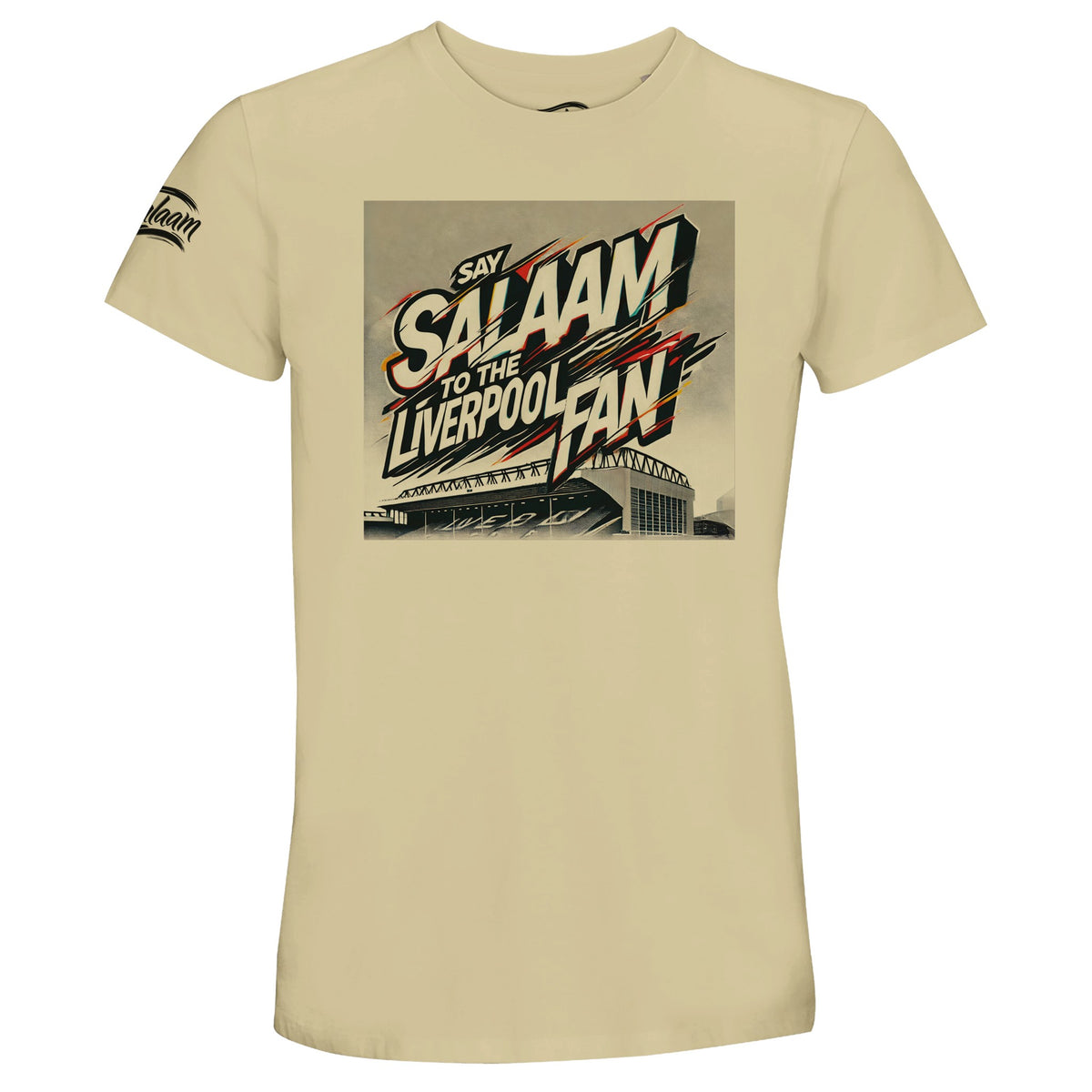 Say Salaam to the Liverpool Fan, Design #2, on a Natural 50% recycled unisex cotton T-shirt. The Natural colour is also known as warm beige, off-white, oatmeal and satin linen. Front-view mock-up showing the Say Salaam graphic printed on a short-sleeved crew-neck tee. For Liverpool FC, Reds and Anfield fans. Casual graphic clothing for men and women, suitable for matchdays, weekends, modest streetwear and gifts. This photograph shows the Natural garment and its front design.