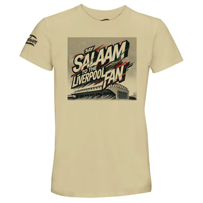 Say Salaam to the Liverpool Fan, Design #2, on a Natural 50% recycled unisex cotton T-shirt. The Natural colour is also known as warm beige, off-white, oatmeal and satin linen. Front-view mock-up showing the Say Salaam graphic printed on a short-sleeved crew-neck tee. For Liverpool FC, Reds and Anfield fans. Casual graphic clothing for men and women, suitable for matchdays, weekends, modest streetwear and gifts. This photograph shows the Natural garment and its front design.