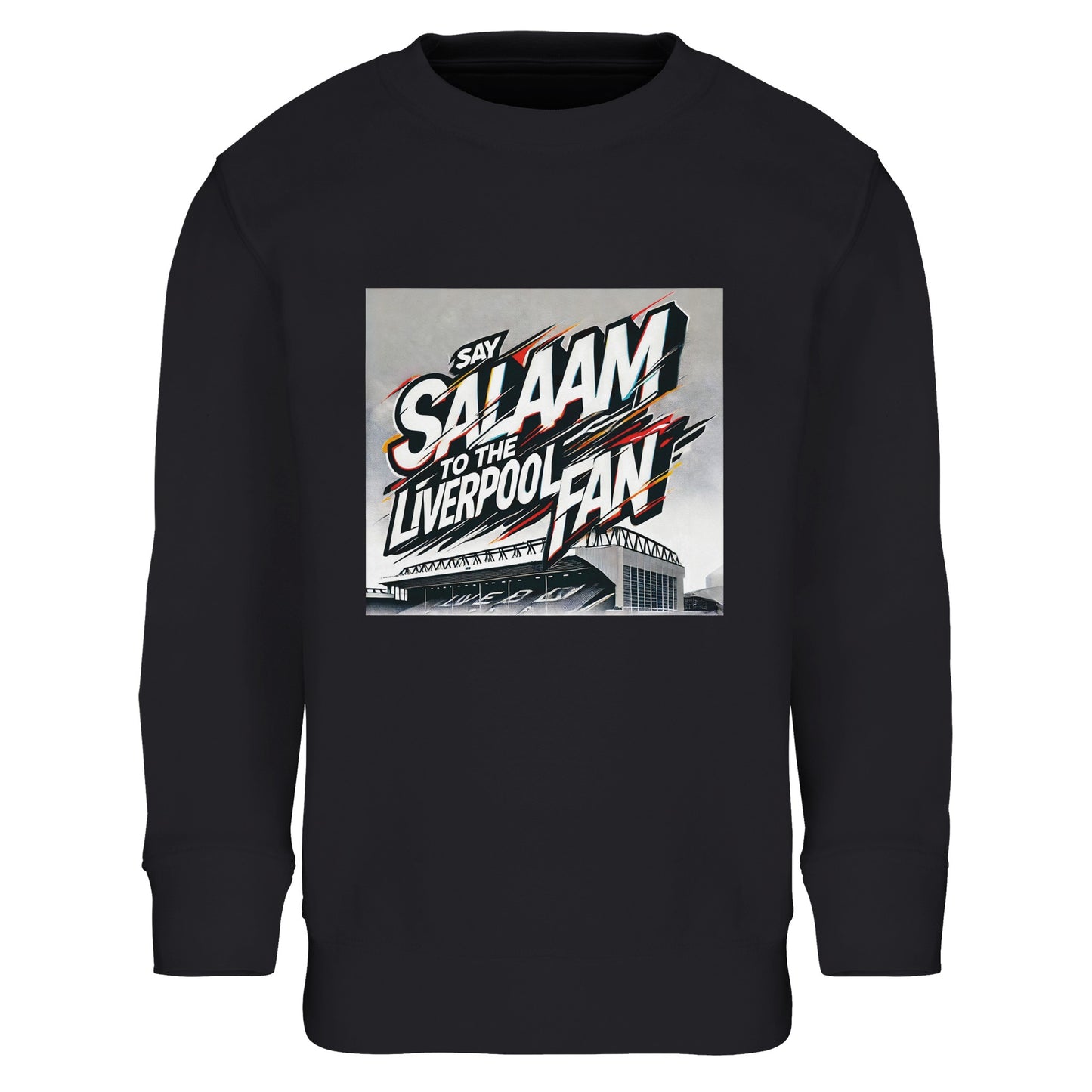 Say Salaam to the Liverpool Fan Design #2 Part-Recycled Cotton-Poly Kids Sweatshirt – Black / Onyx featuring dynamic graffiti-style lettering bursting across an illustrated Anfield Stadium. White, red, and gold brushstrokes evoke motion and crowd energy. Made from an eco-friendly 80/20 cotton-poly blend with brushed fleece lining, it’s soft, durable, and warm. Designed for young Liverpool fans who live their faith proudly while cheering under floodlights, between prayers, and at home.