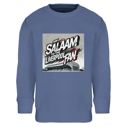 Say Salaam to the Liverpool Fan Design #2 Part-Recycled Cotton-Poly Kids Sweatshirt – Blue / Matchday Marine with bold graffiti typography and Anfield sketchwork in white, red, and amber tones. The art captures energy and inclusivity, reflecting how Salaam travels from pitch to playground. The brushed cotton-poly fleece keeps kids cosy and confident whether streaming the game or training after school. A creative, faith-positive Liverpool piece celebrating unity and football joy.