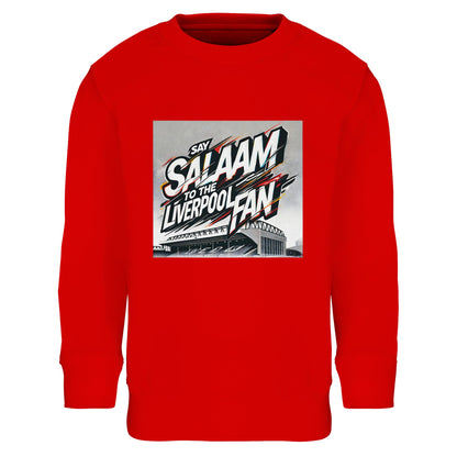 Say Salaam to the Liverpool Fan Design #2 Part-Recycled Cotton-Poly Kids Sweatshirt – Bright Red / Kop Scarlet featuring vivid graffiti script over a monochrome drawing of Anfield. White, black, and gold strokes create speed and emotion, echoing chants from the terraces. Made from a brushed cotton-poly fleece, it’s lightweight yet snug for all-weather comfort. A striking unisex sweatshirt for Muslim and global Liverpool supporters who see Salaam as their winning chant.