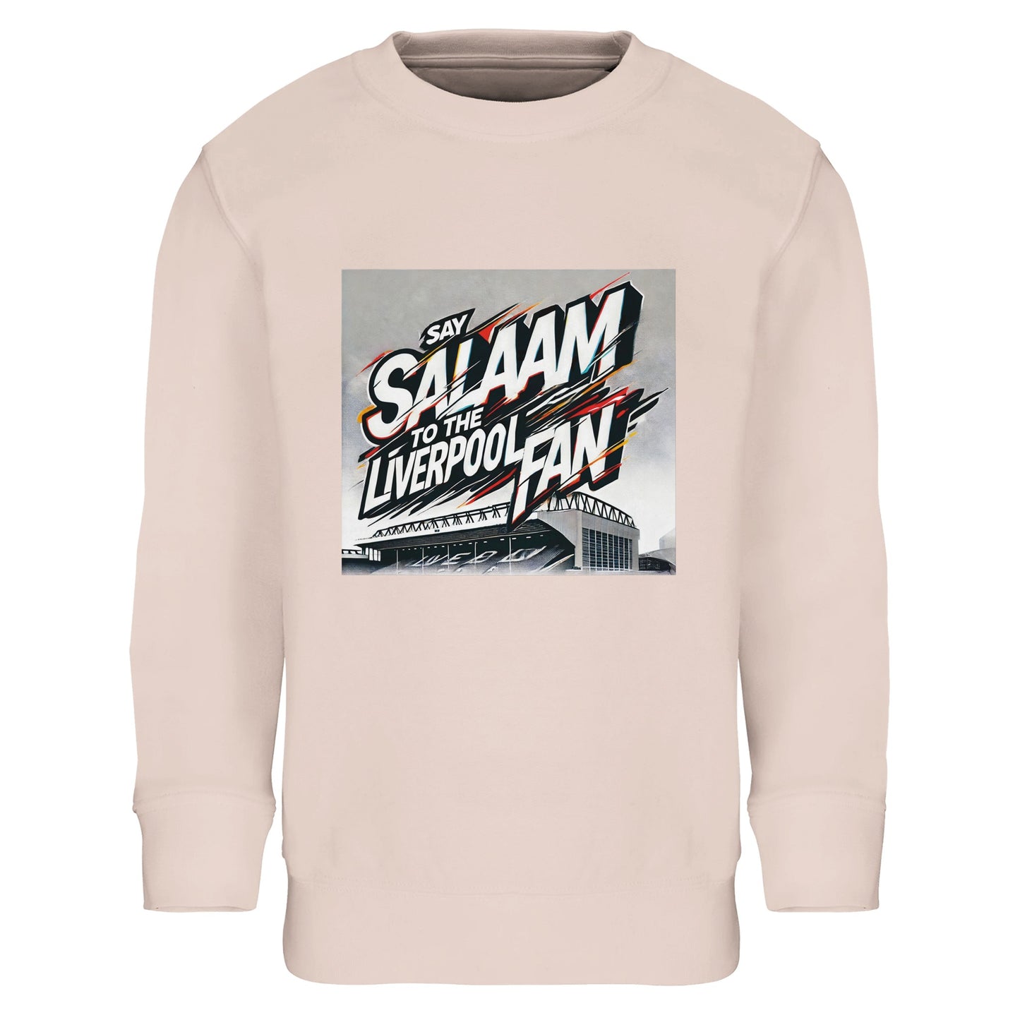 Say Salaam to the Liverpool Fan Design #2 Part-Recycled Cotton-Poly Kids Sweatshirt – Creamy Pink / Soft Rose featuring graffiti-style lettering in red, white, and gold, cutting through an Anfield sketch. Crafted from brushed cotton and recycled polyester, it’s comfortable, durable, and full of character. The delicate tone softens the street-art edge, perfect for young Liverpool fans celebrating faith, kindness, and community alongside their club’s enduring legacy.
