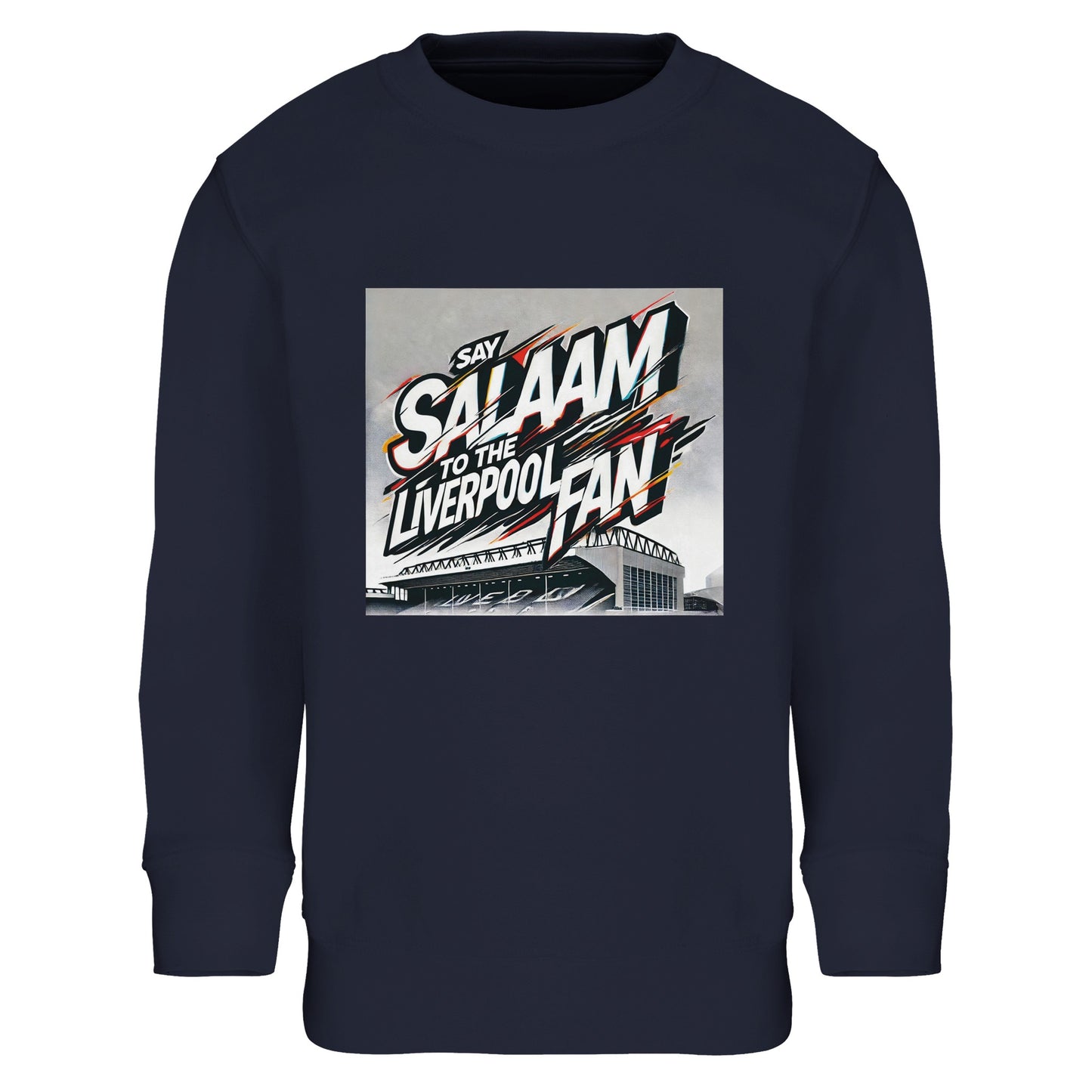 Say Salaam to the Liverpool Fan Design #2 Part-Recycled Cotton-Poly Kids Sweatshirt – French Navy / Deep Marine with graffiti lettering streaked in white and crimson over Anfield’s illustrated roof. The sleek, urban colour contrasts the electric typography. Crafted from sustainable brushed fleece for warmth and ease of wear, it’s ideal for young Liverpool fans expressing peace, passion, and purpose – whether at the stadium, school, or Friday practice.