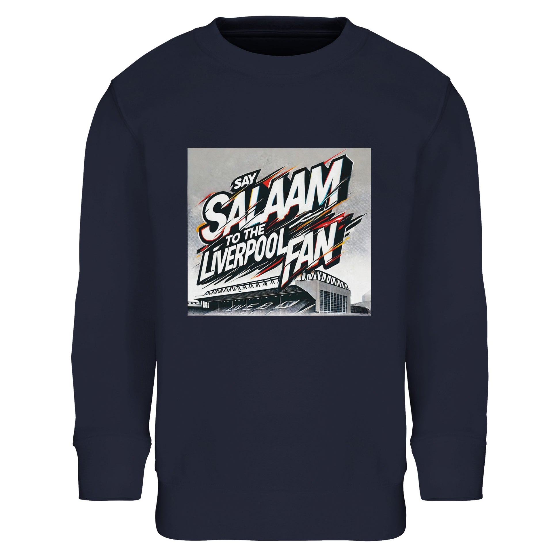 Say Salaam to the Liverpool Fan Design #2 Part-Recycled Cotton-Poly Kids Sweatshirt – French Navy / Deep Marine with graffiti lettering streaked in white and crimson over Anfield’s illustrated roof. The sleek, urban colour contrasts the electric typography. Crafted from sustainable brushed fleece for warmth and ease of wear, it’s ideal for young Liverpool fans expressing peace, passion, and purpose – whether at the stadium, school, or Friday practice.