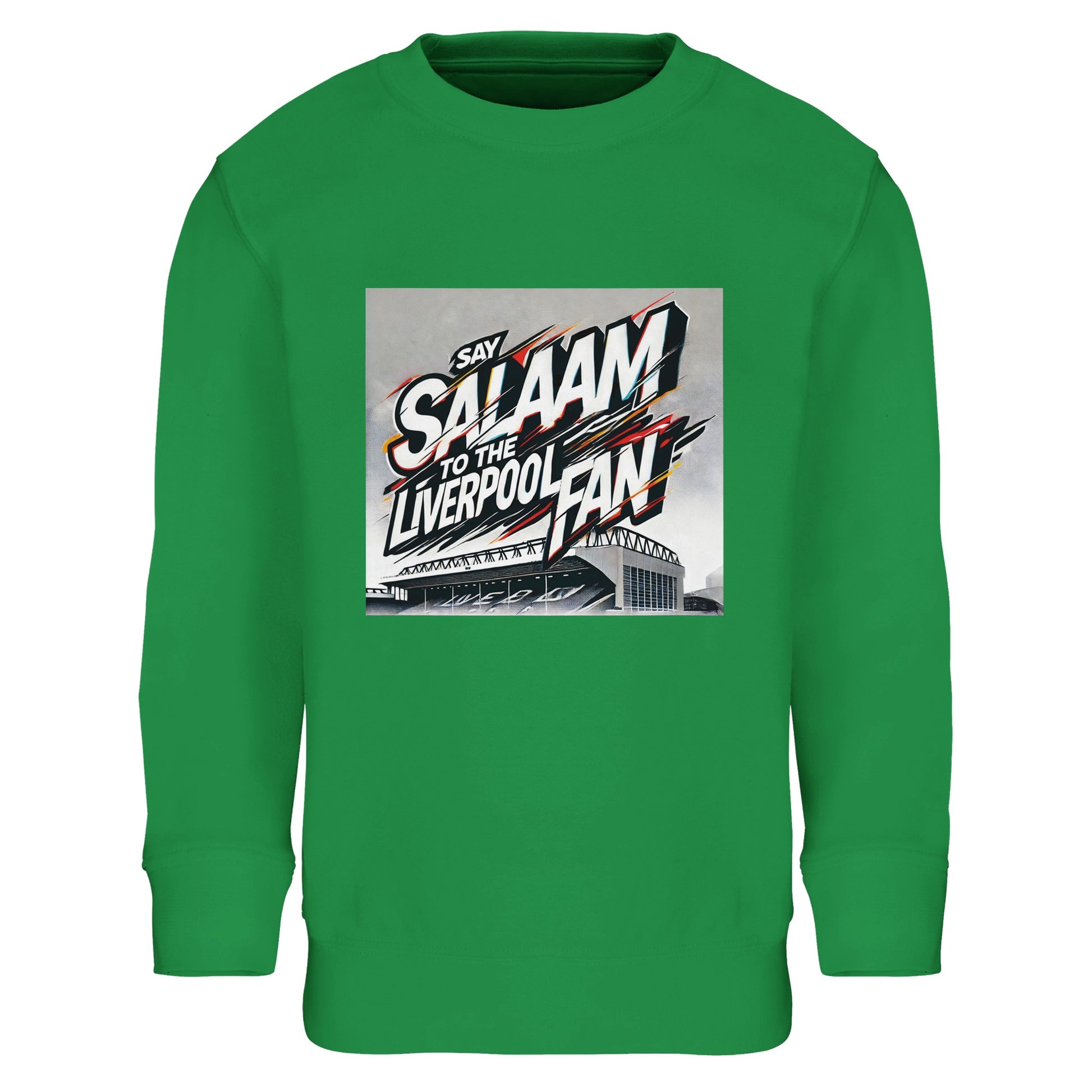 Say Salaam to the Liverpool Fan Design #2 Part-Recycled Cotton-Poly Kids Sweatshirt – Kelly Green / Turf Emerald featuring bold graffiti text above a detailed sketch of Anfield Stadium. Contrasting white and red paint strokes symbolise energy, unity, and spiritual grounding. The brushed cotton-poly fleece keeps it soft, breathable, and ready for everyday adventures. A fresh, faith-driven take on Liverpool fandom, crafted for young supporters who greet every goal with Salaam.