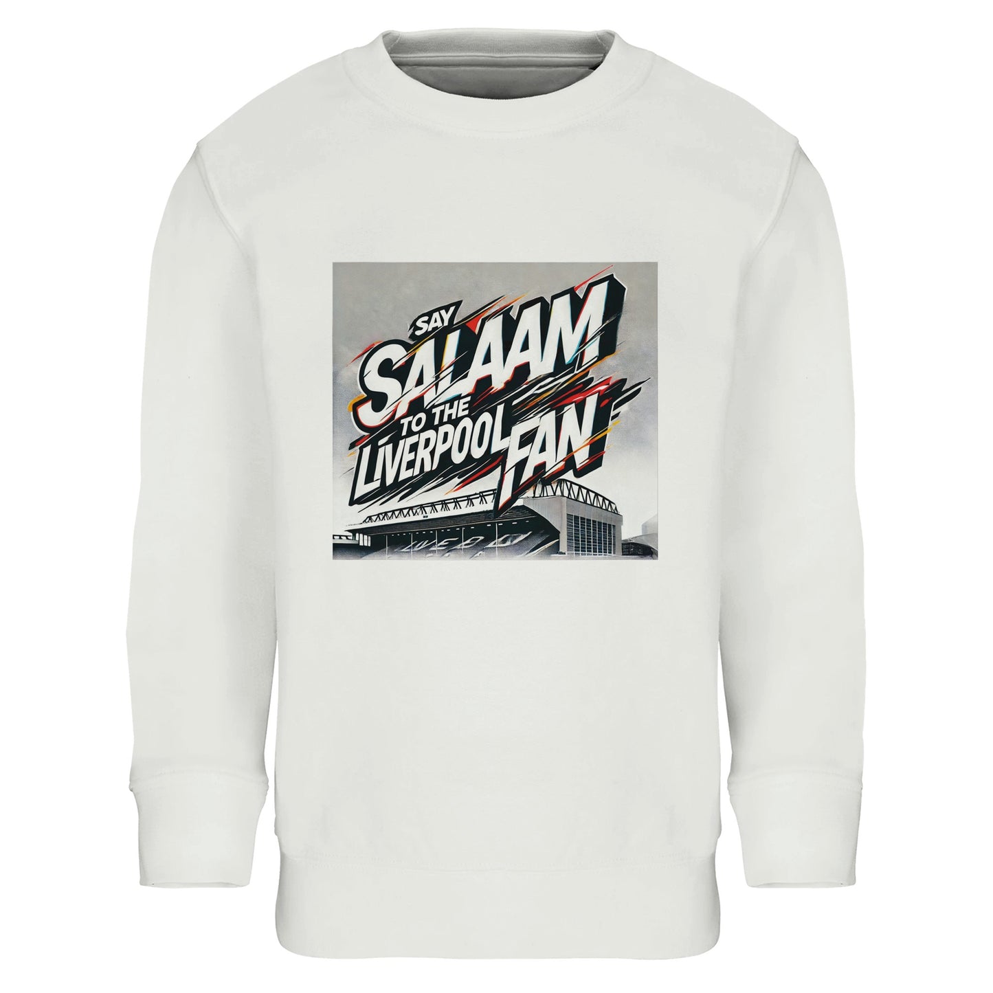 Say Salaam to the Liverpool Fan Design #2 Part-Recycled Cotton-Poly Kids Sweatshirt – White / Classic Chalk featuring graffiti text slashed across Anfield’s outline in black, red, and gold. Sleek, clean, and full of motion, the design embodies both elegance and excitement. Made from brushed fleece cotton-poly blend, it’s soft, warm, and sustainably built. A versatile piece for Liverpool kids who live by peace and play — balancing prayer, passion, and Premier League pride.