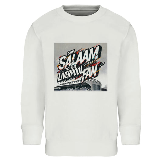 Say Salaam to the Liverpool Fan Design #2 Part-Recycled Cotton-Poly Kids Sweatshirt – White / Classic Chalk featuring graffiti text slashed across Anfield’s outline in black, red, and gold. Sleek, clean, and full of motion, the design embodies both elegance and excitement. Made from brushed fleece cotton-poly blend, it’s soft, warm, and sustainably built. A versatile piece for Liverpool kids who live by peace and play — balancing prayer, passion, and Premier League pride.