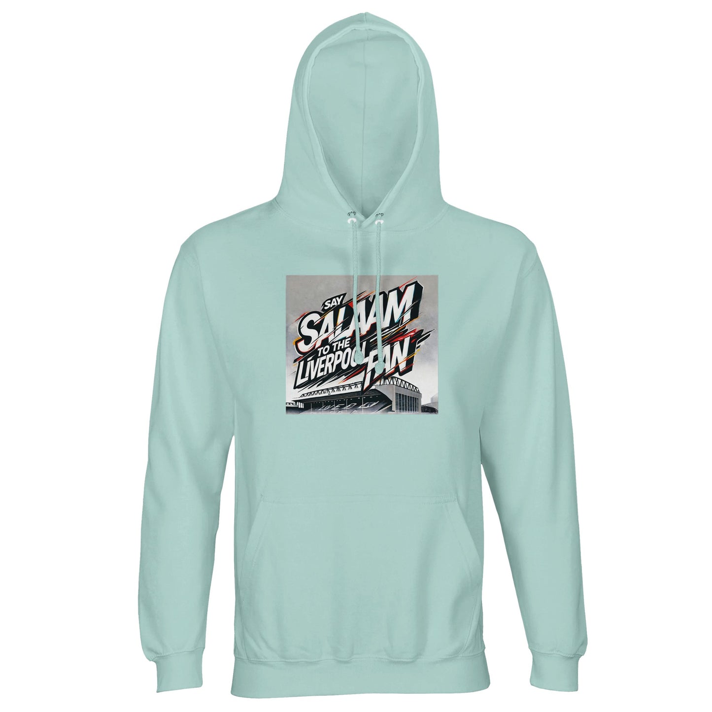 Say Salaam to the Liverpool Fan Design #2 Part-Recycled Unisex Cotton-Poly Hoodie – Arctic Blue / Cadet Blue featuring graffiti strokes of red, white, and gold over an Anfield sketch. The cool tone mirrors calm devotion and winter matchdays. Soft brushed fleece keeps fans comfortable through chants, study breaks, and salah. Designed for modest Liverpool lovers balancing peace, purpose, and passion — a faithful wardrobe essential beyond the terraces.