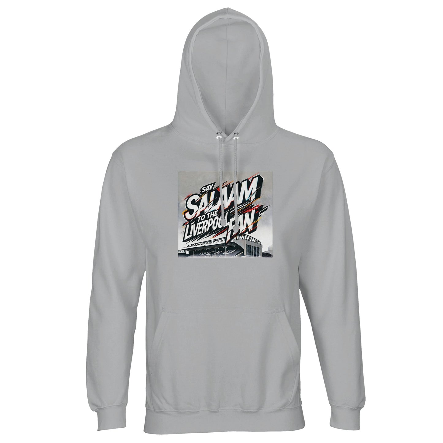 Say Salaam to the Liverpool Fan Design #2 Part-Recycled Unisex Cotton-Poly Hoodie – Ash / Silver Chalice featuring graffiti lettering across a hand-drawn sketch of Anfield Stadium. Red, white, and gold strokes burst with movement and belief. This soft brushed fleece pullover balances faith, fandom, and streetwear for Liverpool supporters who keep their game day spirit peaceful, warm, and sustainable — a modest long-sleeved top for every prayer, cheer, and replay.