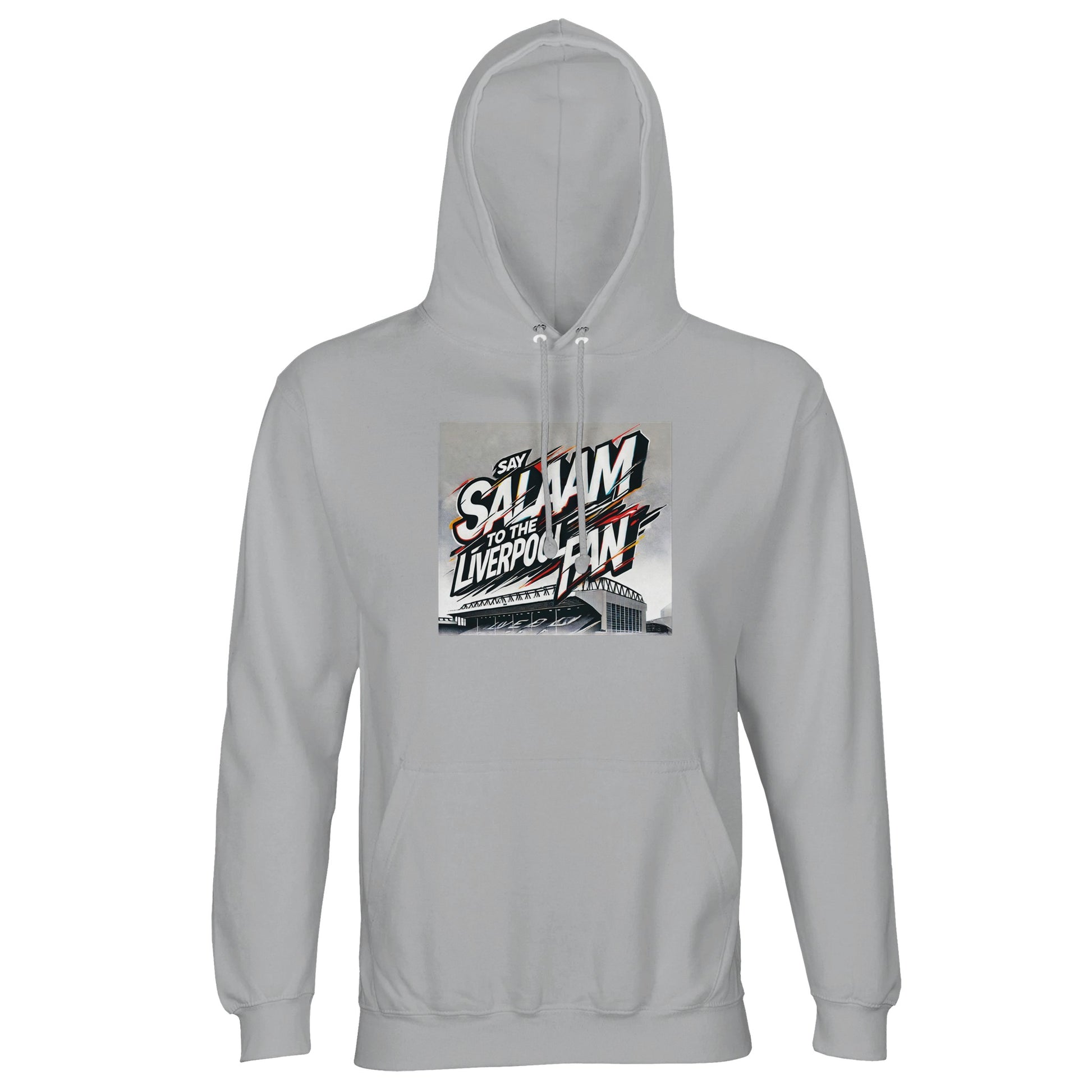 Say Salaam to the Liverpool Fan Design #2 Part-Recycled Unisex Cotton-Poly Hoodie – Ash / Silver Chalice featuring graffiti lettering across a hand-drawn sketch of Anfield Stadium. Red, white, and gold strokes burst with movement and belief. This soft brushed fleece pullover balances faith, fandom, and streetwear for Liverpool supporters who keep their game day spirit peaceful, warm, and sustainable — a modest long-sleeved top for every prayer, cheer, and replay.