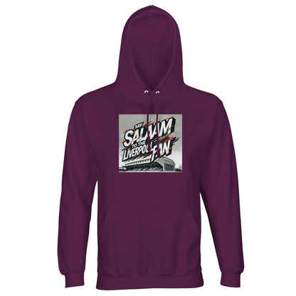 Say Salaam to the Liverpool Fan Design #2 Part-Recycled Unisex Cotton-Poly Hoodie – Astral Purple / Deep Violet featuring graffiti-style lettering in white, red, and amber exploding across a moody sketch of Anfield Stadium. The dynamic design radiates match-night electricity while the brushed fleece blend of 80% cotton and 20% recycled polyester keeps it soft and substantial. A bold, art-driven statement of peace, pride, and football passion for Liverpool fans who express their faith Mo Salah style.