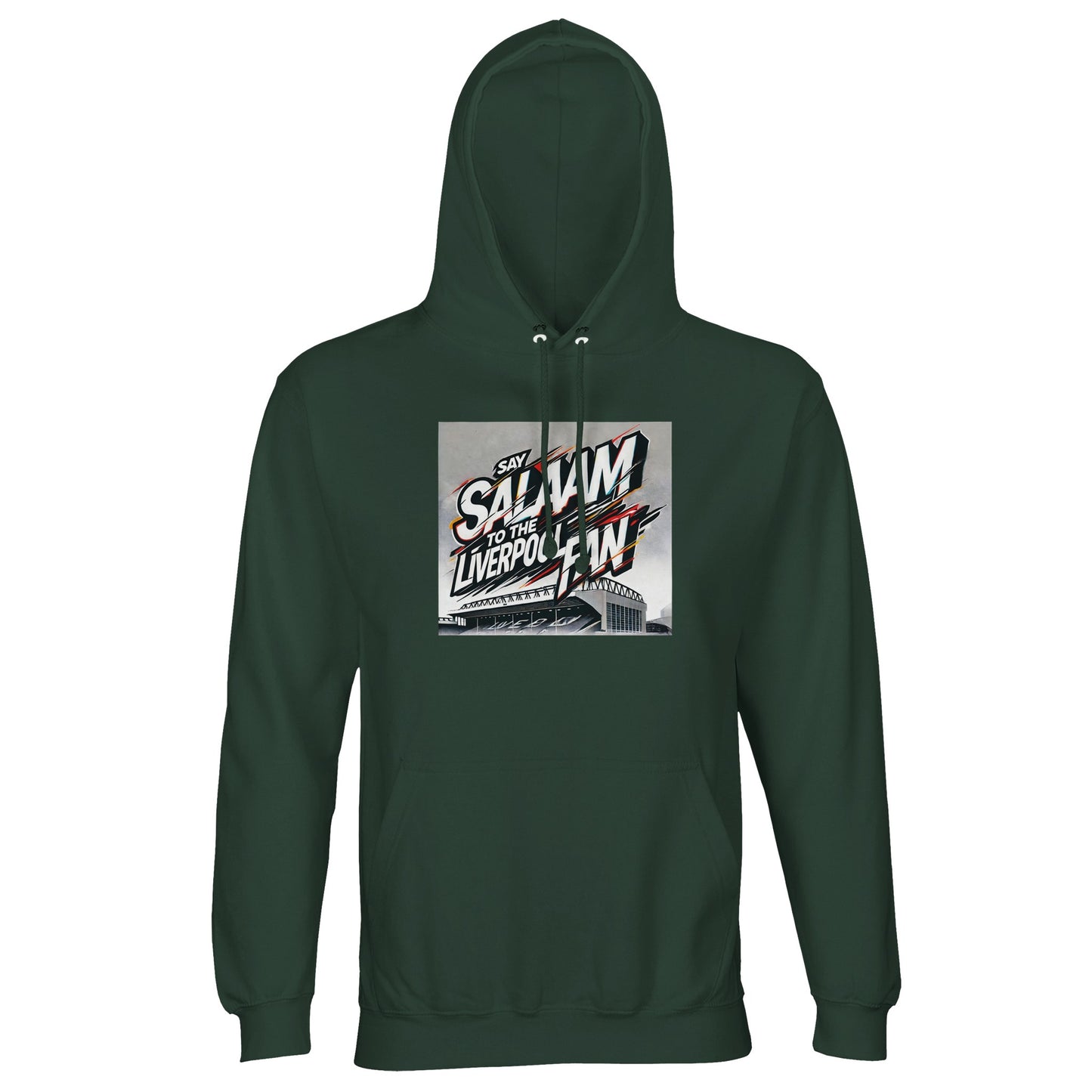 Say Salaam to the Liverpool Fan Design #2 Part-Recycled Unisex Cotton-Poly Hoodie – Bottle Green / Deep Turf featuring stylised graffiti script exploding across a sketched image of Anfield. Crafted from brushed cotton and recycled polyester, it’s both soft and sustainable. The bold colour palette mirrors the roar of the crowd and the calm of conviction. A perfect piece for modern Liverpool fans who wear their Scouse Salaam and support with equal pride.