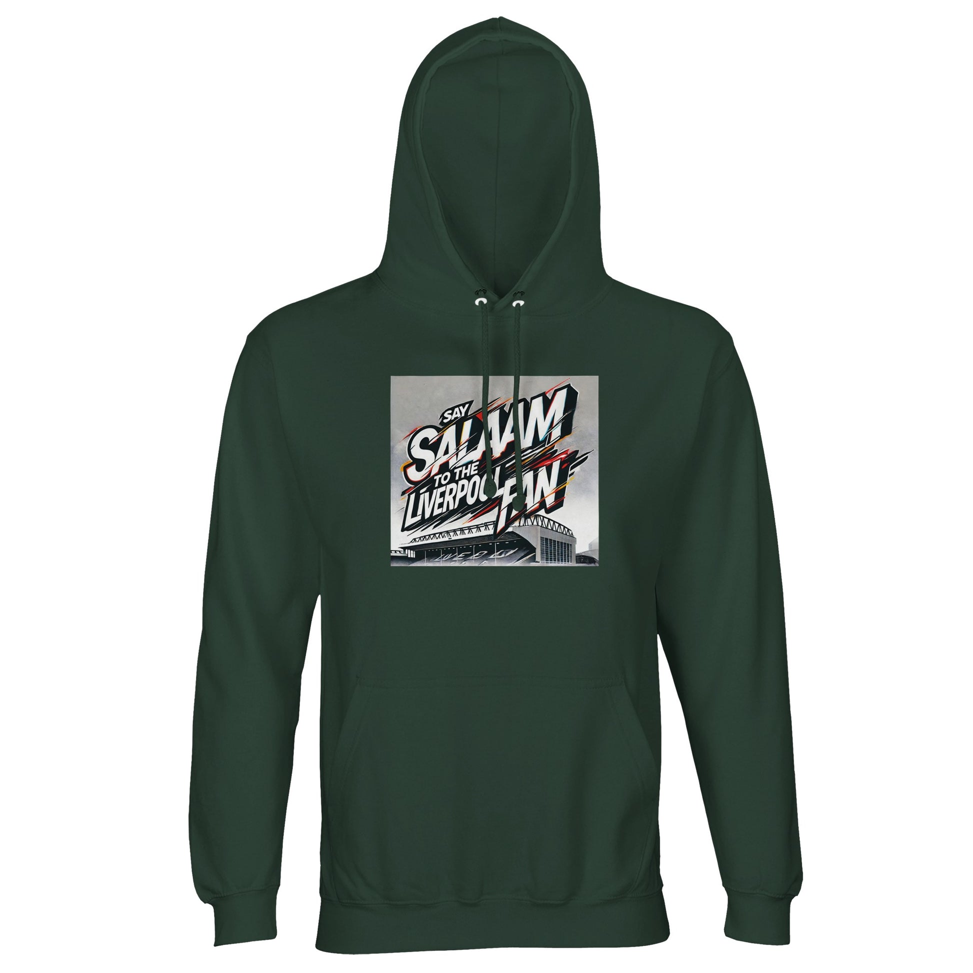 Say Salaam to the Liverpool Fan Design #2 Part-Recycled Unisex Cotton-Poly Hoodie – Bottle Green / Deep Turf featuring stylised graffiti script exploding across a sketched image of Anfield. Crafted from brushed cotton and recycled polyester, it’s both soft and sustainable. The bold colour palette mirrors the roar of the crowd and the calm of conviction. A perfect piece for modern Liverpool fans who wear their Scouse Salaam and support with equal pride.